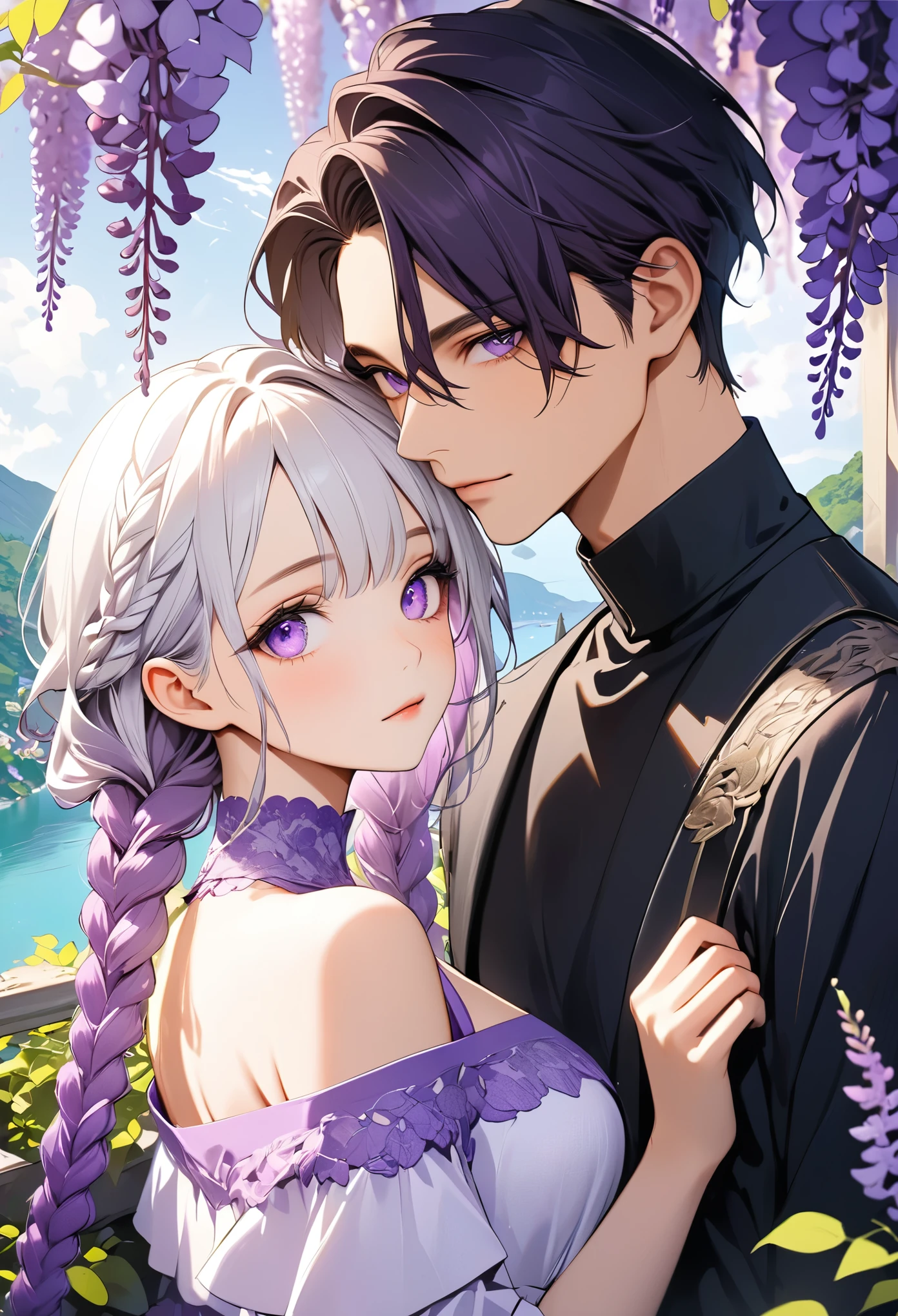 (masterpiece, best quality:1.2), handsome boy and beautiful girl，Purple Eyes，Bright Eyes，Eye details，White hair - 2 long - purple braids，High Neck Off Shoulder Dress，Purple lavender，Wisteria rose：1.5，Beautiful scenery，Fluorescent purple and fluorescent green
