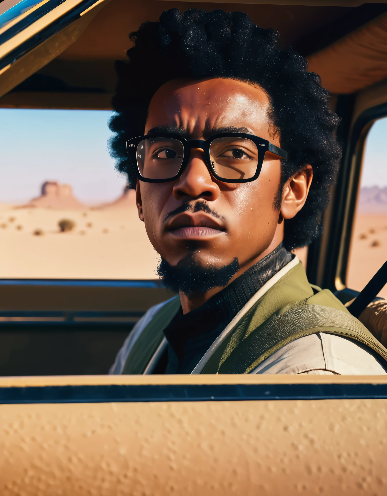 a man with glasses driving a vehicle in the desert, a character portrait, by Michael Komarck, afrofuturism, children's gambino, face-on head shot, humvee, thick neck, anorld render, twoface, afroamerican, hyper realistic absurd, mixed-race, starwars, realistic cartoon, RAW photo, 8k uhd, dslr, soft lighting, high quality, film grain, Fujifilm XT3, (high detailed skin:1.2)