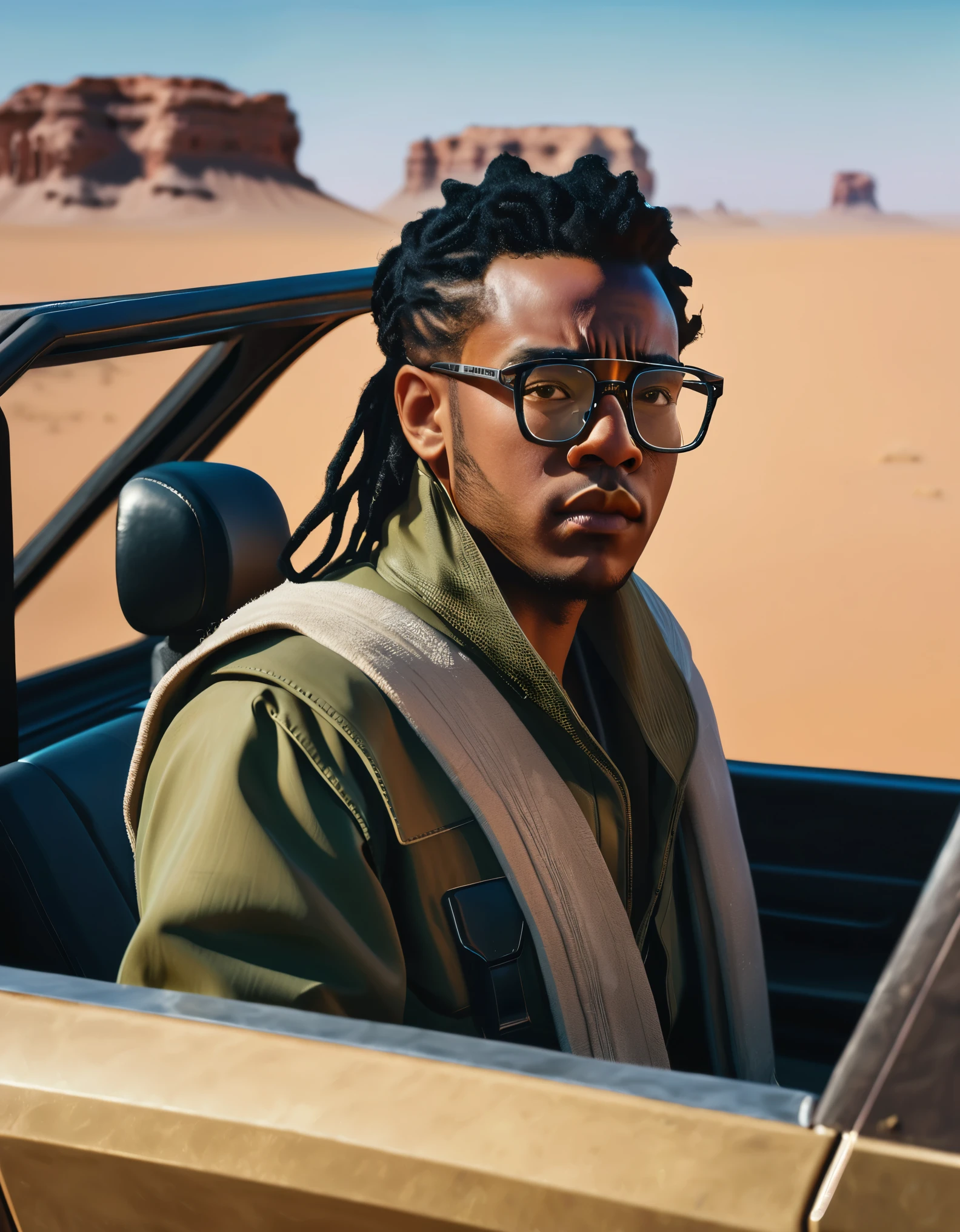 a man with glasses driving a vehicle in the desert, a character portrait, by Michael Komarck, afrofuturism, children's gambino, face-on head shot, humvee, thick neck, anorld render, twoface, afroamerican, hyper realistic absurd, mixed-race, starwars, realistic cartoon, RAW photo, 8k uhd, dslr, soft lighting, high quality, film grain, Fujifilm XT3, (high detailed skin:1.2)