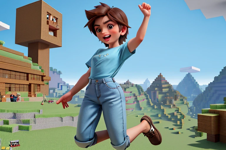 High resolution,high quality,girl１,Perfect body,Perfect Face,Perfect Fingers,1boy,solo,Light blue T-shirt,Denim trousers,Minecraft World,Jumping for joy
