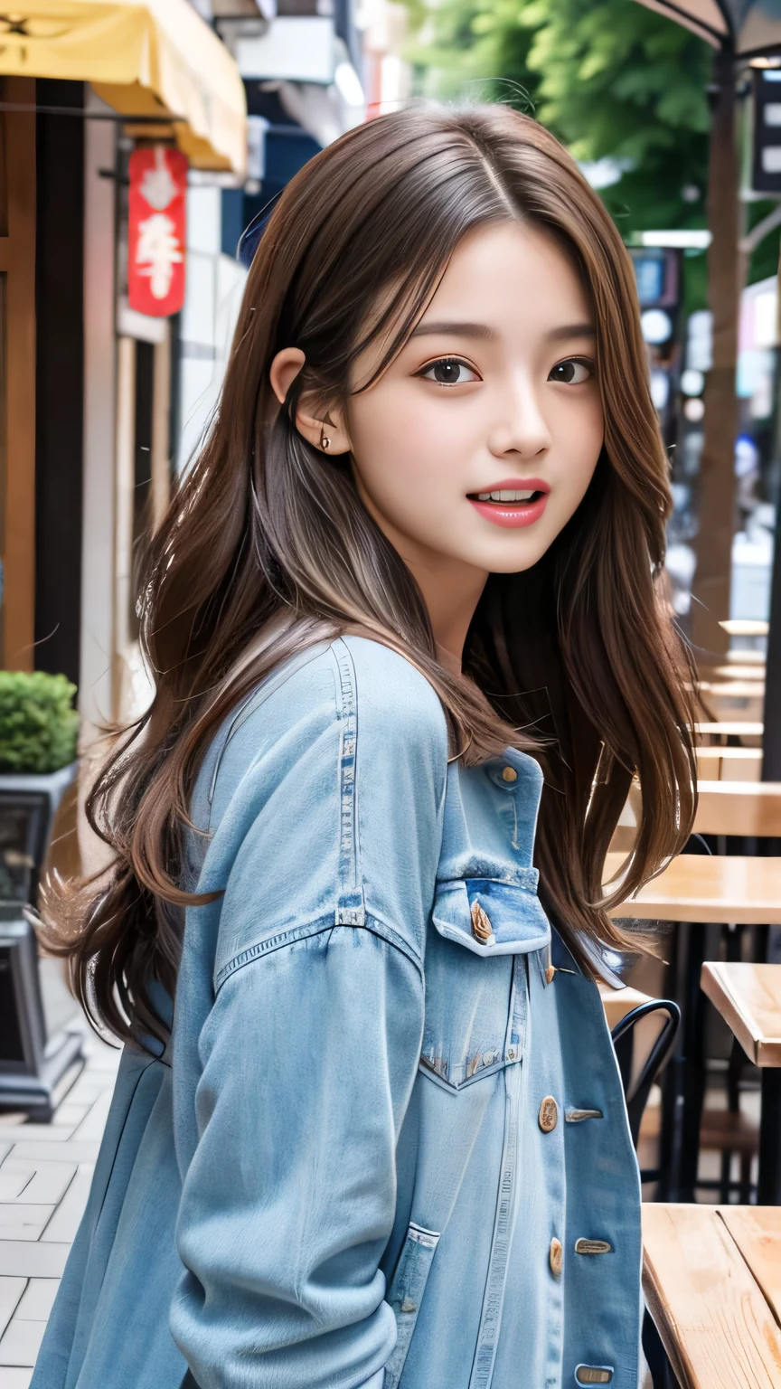 8k、highest quality、Like a real photo、masterpiece、Product quality, One Girl,, Young and beautiful woman in Japan, Long Bob Hair, attractive appearance,, High resolution, High detail, Detailed hairstyle, Detailed face, Great cinema lighting, Octane Rendering, Vibrant, Ultra-realistic, Perfect limbs, Perfect Anatomy、、her hair is light brown.、Cool clothes、In the background is a cafe terrace、Natural color lip、Attractive eyes、Eye color is blue、the ears are hidden by the hair、Double teeth、Yawn