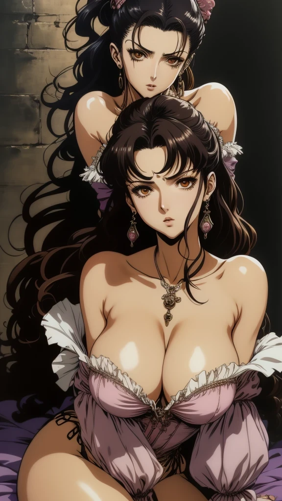 (masterpiece, best quality:1.2), 1girl, solo, anime painting of a woman in a white dress sitting on a bed, by Masamune Shirow, seductive anime girl, manara, style of masamune shirow, anime poster film still portrait, by amano, anime ninja scroll, anime 90s, yoshitaka amano photorealistic, kentaro miura art, inspired by Masamune Shirow, A stunning anime-style woman with voluminous, wavy dark brown hair styled in an elegant updo. She has large, expressive eyes and is wearing long, dangling earrings. Her outfit consists of an off-shoulder, Victorian-style dress with a fitted bodice and puffy sleeves in shades of pink and lavender. her breasts are very large and saggy, her breasts are out over the top of the outfit, seductive pose, The background is a solid black, emphasizing the character's features and outfit. The overall mood is captivating and sophisticated