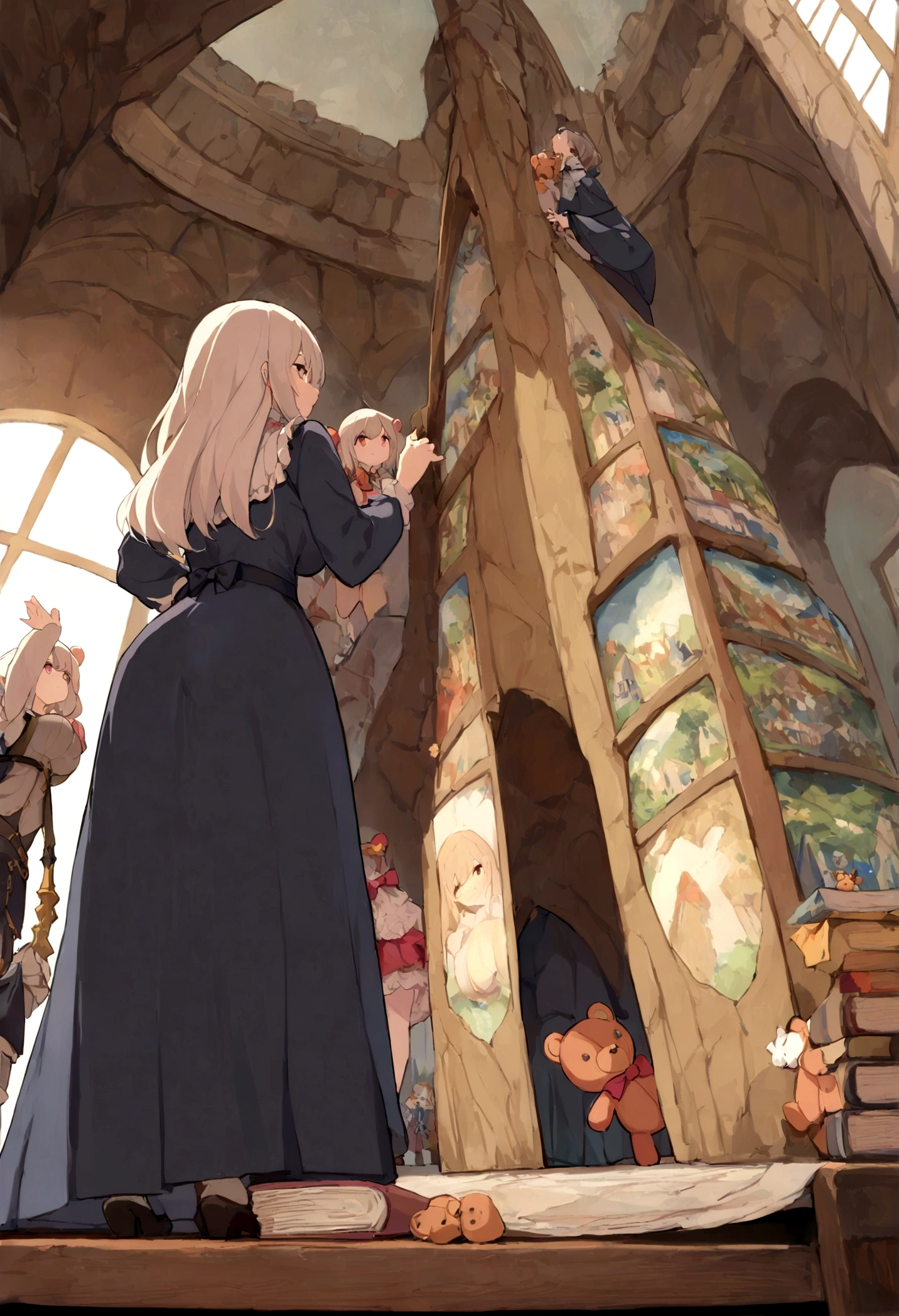 (minigirl on a table standing up below the breasts and face of a giantess girl: 1.3), (minigirl standing rear end on a table looking up at a giantess: 1.1) closeup breasts and face, (from below view: 1.2), (medium sized breasts), cleavage, (indoors: 1.1), (2girls: 1.5), (height difference: 1.9), (size difference: 1.3), (cute adult woman: 1.3), (cute girl with girly dress frills: 1.1), (fantasy set in medieval era: 1.1), cute dress, books, teddy bear, toys, weapons, robe, light, (long distance photo: 1.1), (foreshortening table: 1.1), bent over, (long distance: 1.2), (far away: 1.2)