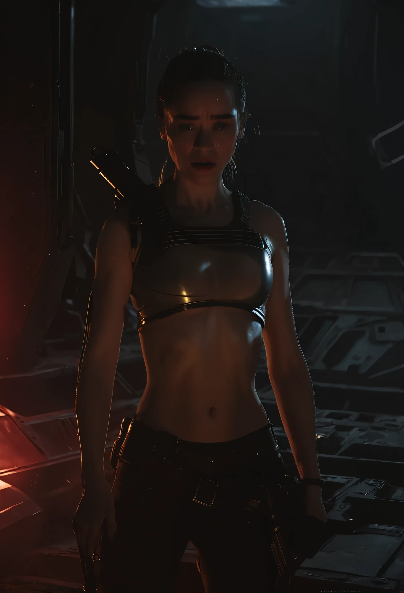 photorealistic photo of a Hot cleverage open torso wearing armor tank top ponytail scared terrified Sci fi Emilia Clarke holding a sci fi pistol on Dark ishimura haunted abandoned Horror Space Ship photography, photorealism, cinematic rendering, ray tracing, the highest quality, the highest detail, Cinematic, Third-Person View, Blur Effect, Long Exposure, 8K, Ultra-HD, Natural Lighting, Spooky Red mist Moody Lighting, Cinematic Lighting
