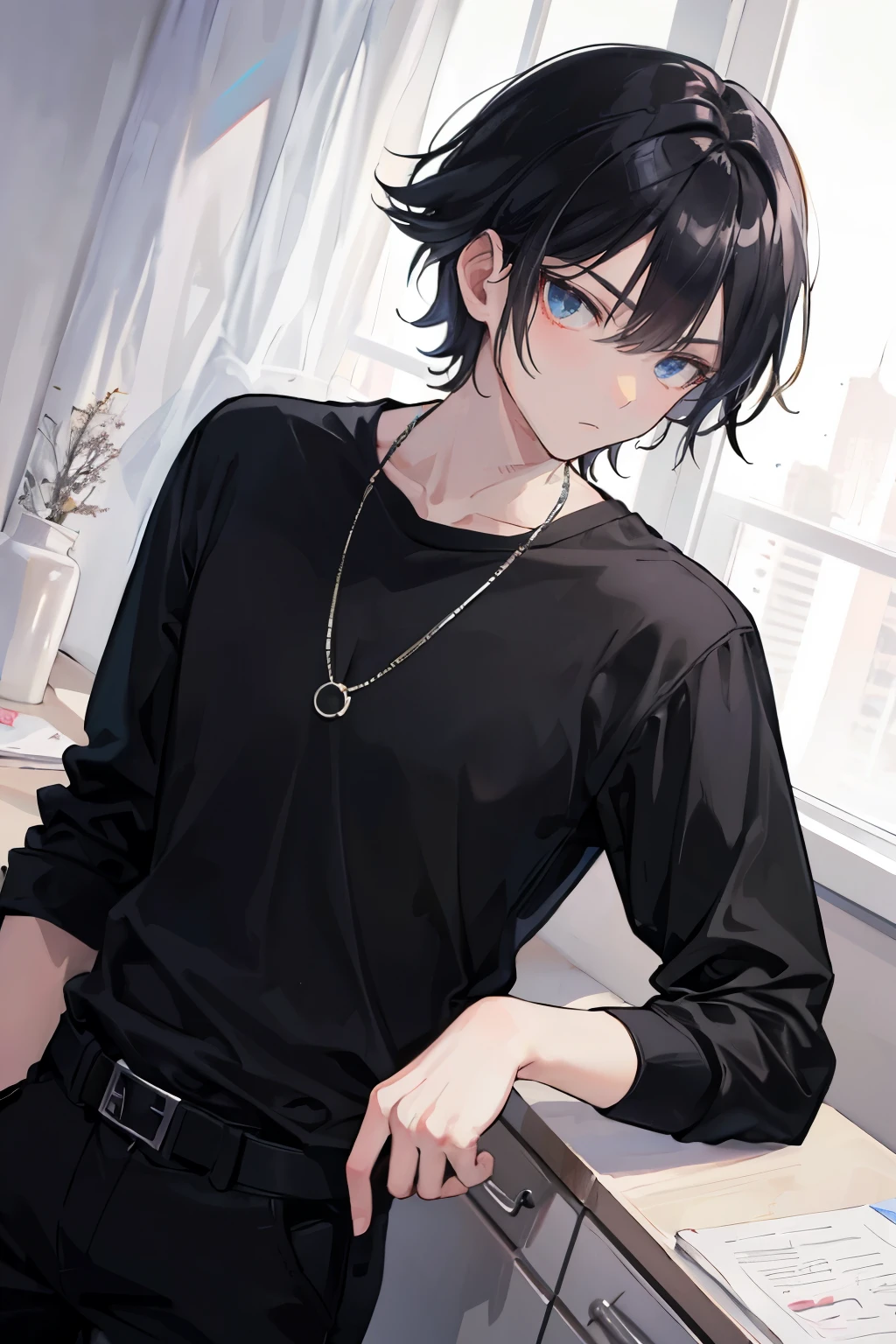 1boy，Bao，By bangs，，Black hair，Black shirt，eBlue eyes，Hair between both eyes，jewely，leafs，looking at viewert，malefocus，choker necklace，trouser，The shirt，独奏，Wrist watch，White pants，Wrist watch，Messy hair, Trends on ArtStation, 8K分辨率, The is very detailed, anatomically correcte, Sharp Images, digitial painting, concept-art, Popular trends on pixiv, Makoto Shinkai's style,