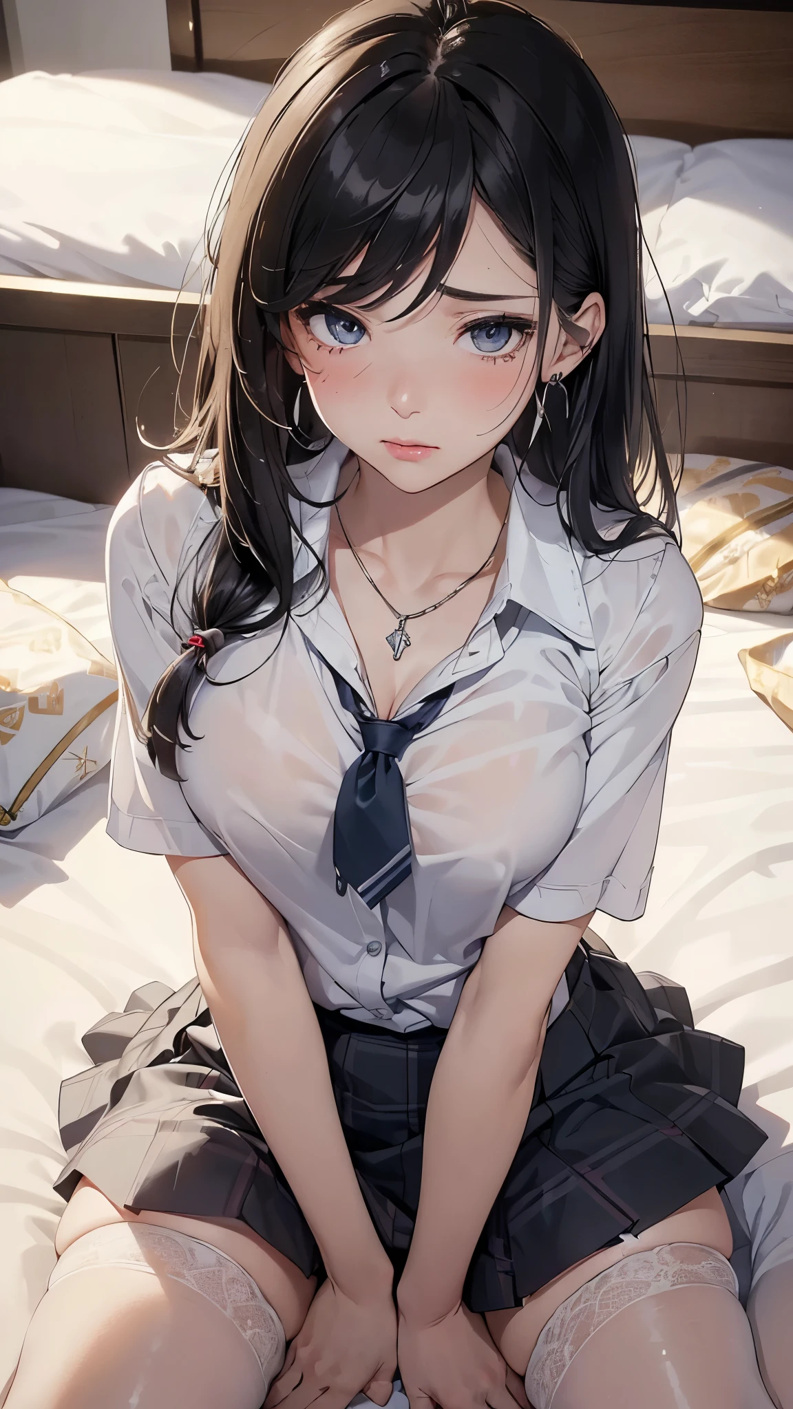 (masterpiece: 1.3), (Maximum resolution: 1.2), (Ultra HDTV: 1.2), Cinematic Light, 8K resolution, Detailed facial features , (Sharp focus: 1.2), (Focus on the face:1.2),Perfect Style, Beautiful Face, Acura, Anatomically correct, Highly detailed face and skin texture, Beautiful Eyes,Beautiful Eyes, Thin eyebrows, Glitter Eyeliner: 1 Natural Cheeks, Glowing Skin, Fair skin: 1.2, (Glossy lips: 1.4),、 (Embarrassed look: 1.2),Highly detailed face and skin texture, Natural Cheeks, , Glossy lips: 1.4,Perfect Style、Cleavage、Soft Breasts、(White mucus on chest:1.4)(White mucus on thighs:1.2)、 blush、A humiliating look、Anxious expression、A look of humiliation、Embarrassed look、Glare、anger、sorrow、tears、Open your knees、Spread your legs、 White underwear、White bra、Sparkly little earrings and necklace、Disheveled clothes、White panties、sweating、Thin underwear、stockings、18-year-old, A clean-cut woman,1 person、 Upward-facing chest, Old bedroom、On the bed、(On my back, ベッドにLying down, ベッドにLying downいる, Lying down, White sheets:1.3)、Black Hair、blonde、Silver Hair、Blue-gray eyes、Green Ash Eye,(Schoolgirl uniform:1.2)、Hair spreading in bed、masturbation behavior、Masturbation、