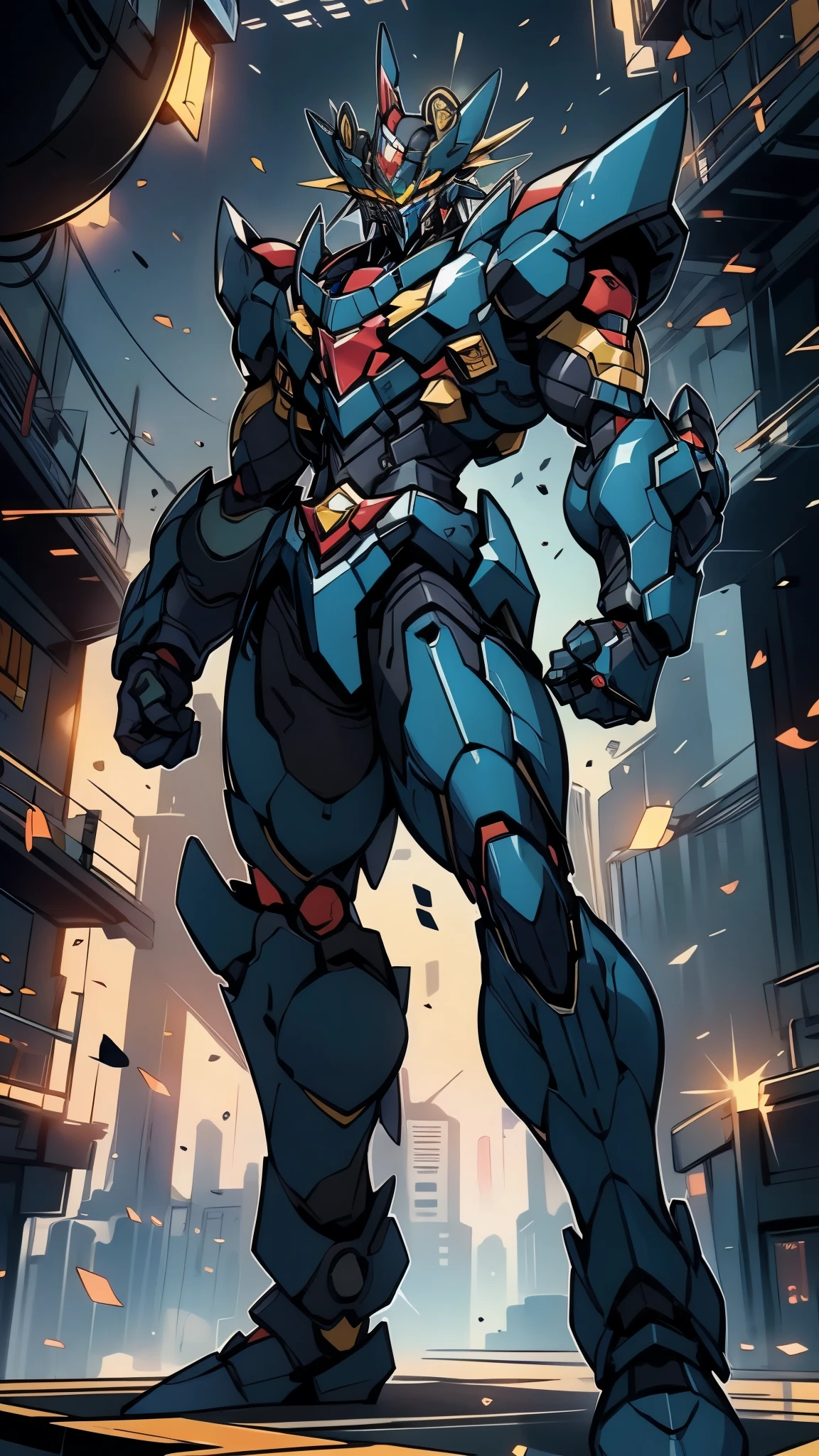 Humanoid Mecha, fully enclosed shoulder guards, matching arm and leg guards, full body, full armor, super robot, the design balances heavy with agility, (the color scheme is primarily white with red and blue accents, the concept Inspired by super robot, Lion concept chest armor, pose, standing, floating high above the futuristic sci-fi city), exquisite and mature art style, (aura effect, energy, glowing eyes, the armor glows), ((SRS)), metallic, dramatic, high definition, best quality, highres, ultra-detailed, ultra-fine painting, extremely delicate, professional, perfect body proportions, anatomically correct, symmetrical face, extremely detailed eyes and face, high quality eyes, creativity, RAW photo, UHD, 32k, Natural light, cinematic lighting, masterpiece-anatomy-perfect, masterpiece:1.5