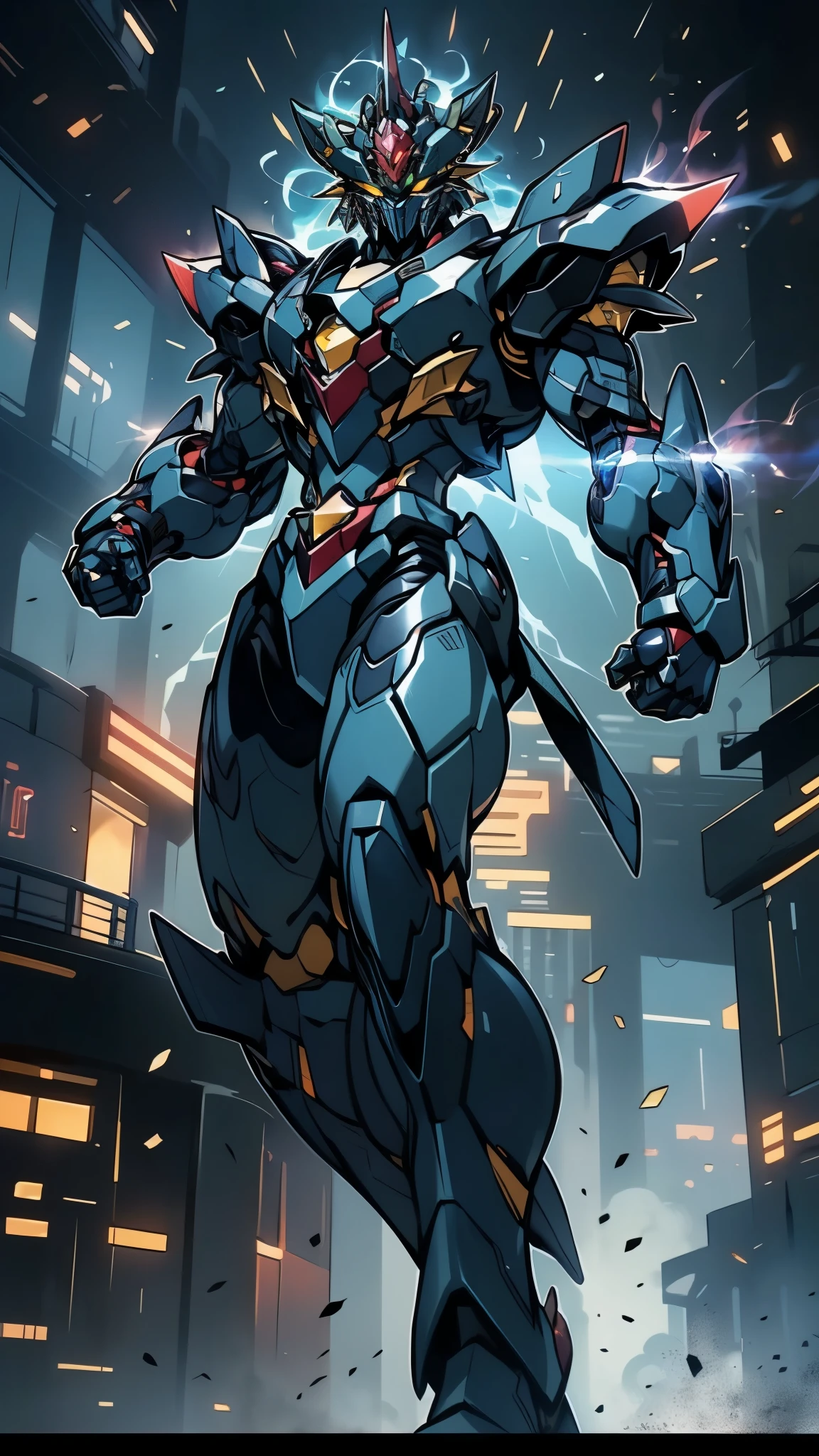 Humanoid Mecha, fully enclosed shoulder guards, matching arm and leg guards, full body, full armor, super robot, the design balances heavy with agility, (the color scheme is primarily white with red and blue accents, the concept Inspired by super robot, Lion concept chest armor, pose, standing, floating high above the futuristic sci-fi city), exquisite and mature art style, (aura effect, energy, glowing eyes, the armor glows), ((SRS)), metallic, dramatic, high definition, best quality, highres, ultra-detailed, ultra-fine painting, extremely delicate, professional, perfect body proportions, anatomically correct, symmetrical face, extremely detailed eyes and face, high quality eyes, creativity, RAW photo, UHD, 32k, Natural light, cinematic lighting, masterpiece-anatomy-perfect, masterpiece:1.5