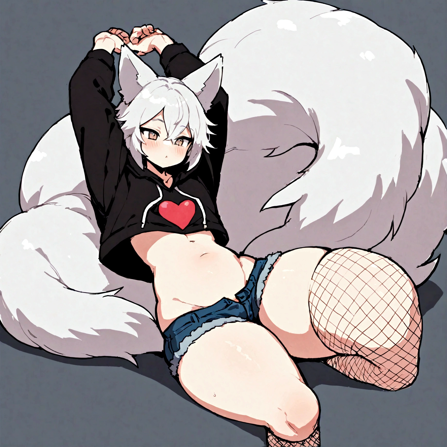 a cute adult male with wolf ears, white hair, has a wolf tail, wearing a loose cropped oversized black hoodie, wearing a pair of denim short shorts and fishnet stockings, thick thighs, wide hips, relaxing on mound of fluffy animal plushies, short, very slim, showing slender tummy, stretching out, heart on hoodie, squishy thighs