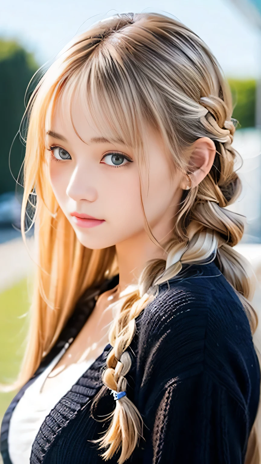 Sexy Big 、Sexy cute looks and cute 15 year old beautiful girl, beautiful and sexy face、A strong wind blows my hair in front of my face、beautiful long blonde French braided hair、beautiful, Cute and sexy eyes hidden behind long bangs
