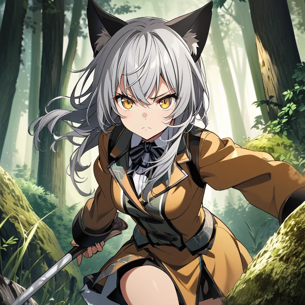 Shiota Nagisa \(AKB0048 Next Stage\), (gray hair), (sharp golden eyes):1.2, hunter costume, bangs, serious, cat ears, bow, ((ultra-detailed)), ((illustration)), ((neat hair)), (beautiful detailed eyes), female, 1girl, hunting, ((forest)), looking at viewer