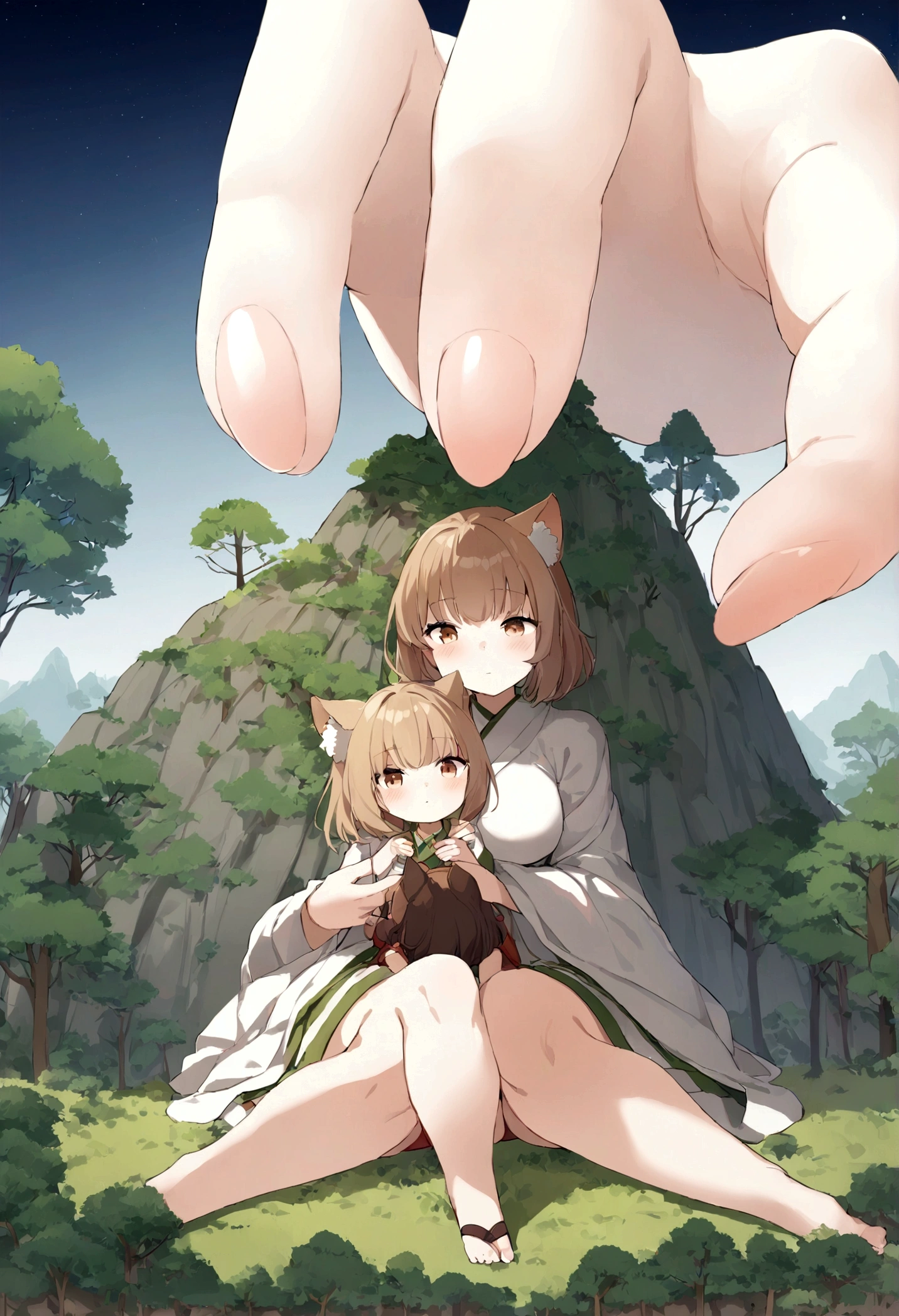 (2girls: 1.6), (height difference: 1.5), (size difference: 1.4), (giantess:1.1), a giantess looking down at a tiny woman, a giantess towering over a tiny woman, a tiny woman in the legs of a giantess, (brown skinned: 1.1), cute fantasy fancy robe, (fluffy ears), (short hair with long bangs), (catgirl), (messy hair), (very tall and mature: 1.2), (forest jungle: 1.1), sitting big thighs, tiny woman sitting a giantess lap