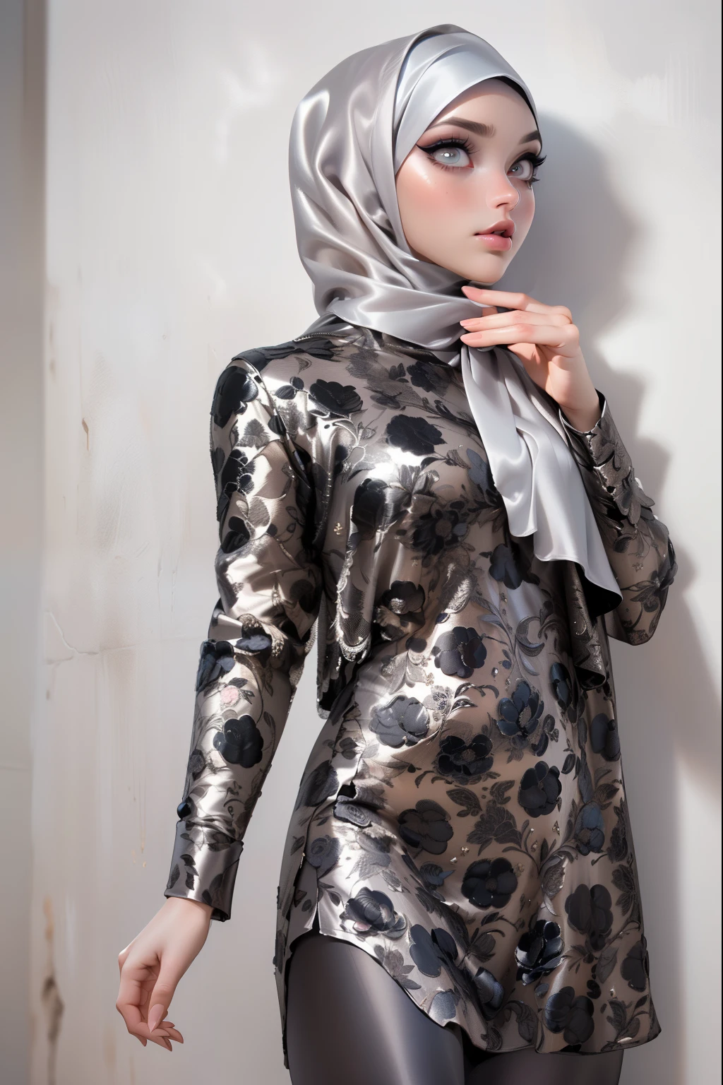 ((Masterpiece, best quality, photography, detailed skin, realistic, photo-realistic, 8k, highly detailed, full length frame, High detail RAW color art, diffused soft lighting, shallow depth of field, sharp focus, hyperrealism, cinematic lighting, hijab, a woman in a beautifully makeup, smokey eyeshadow, beautiful big eyes, long eye lashes, wearing (Dark pewter satin hijab), loosely tide hijab style, ((gray satin shirt)), satin long maxi skirt, lean on wall
