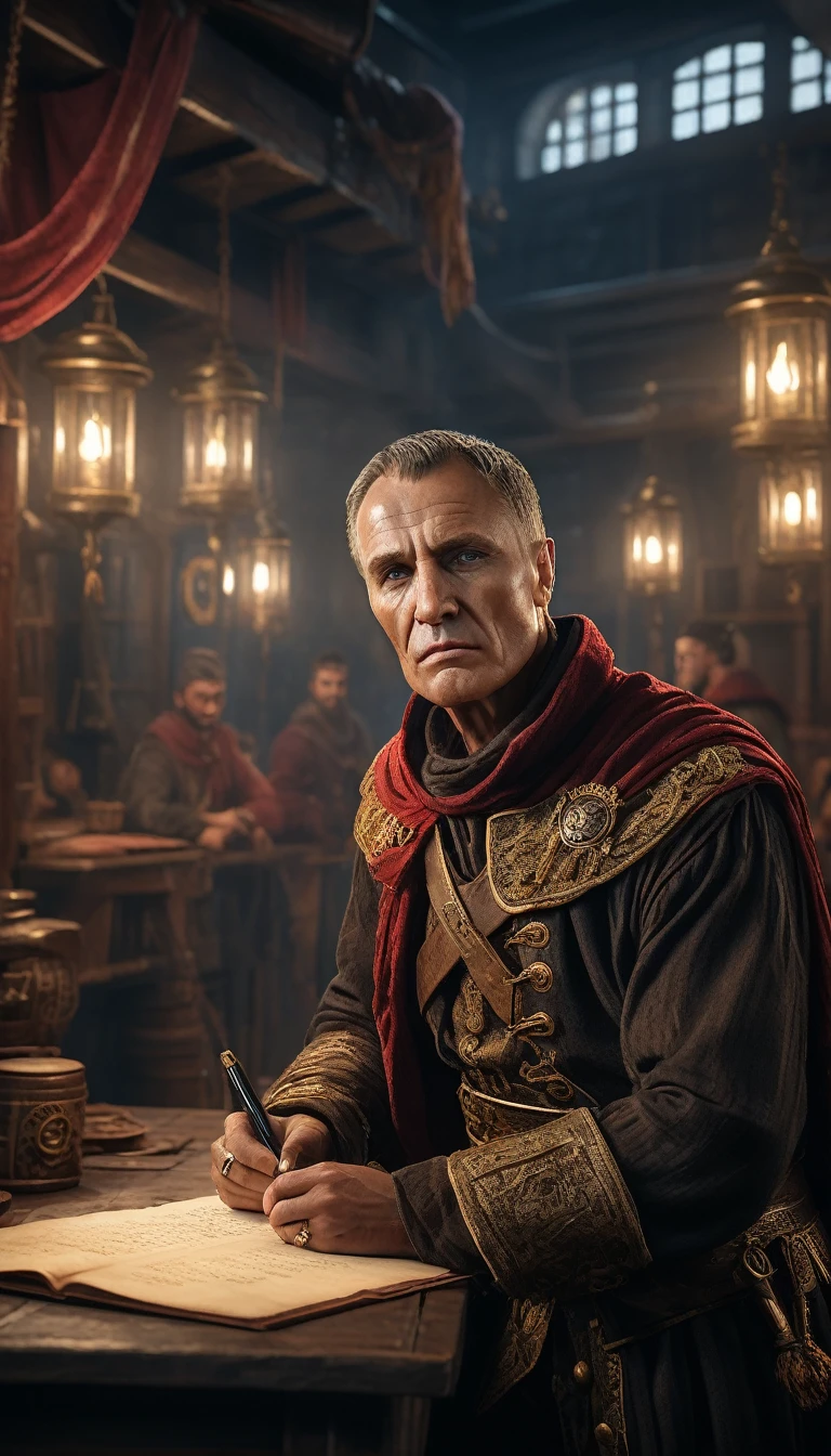 Cinematic style, Julius Caesar writing poetry on a pirate ship, background dark, hyper realistic, ultra detailed hyper realistic, photorealistic, Studio Lighting, reflections, dynamic pose, Cinematic, Color Grading, Photography, Shot on 50mm lens, Ultra-Wide Angle, Depth of Field, hyper-detailed, beautifully color, 8k, golden light from the front,