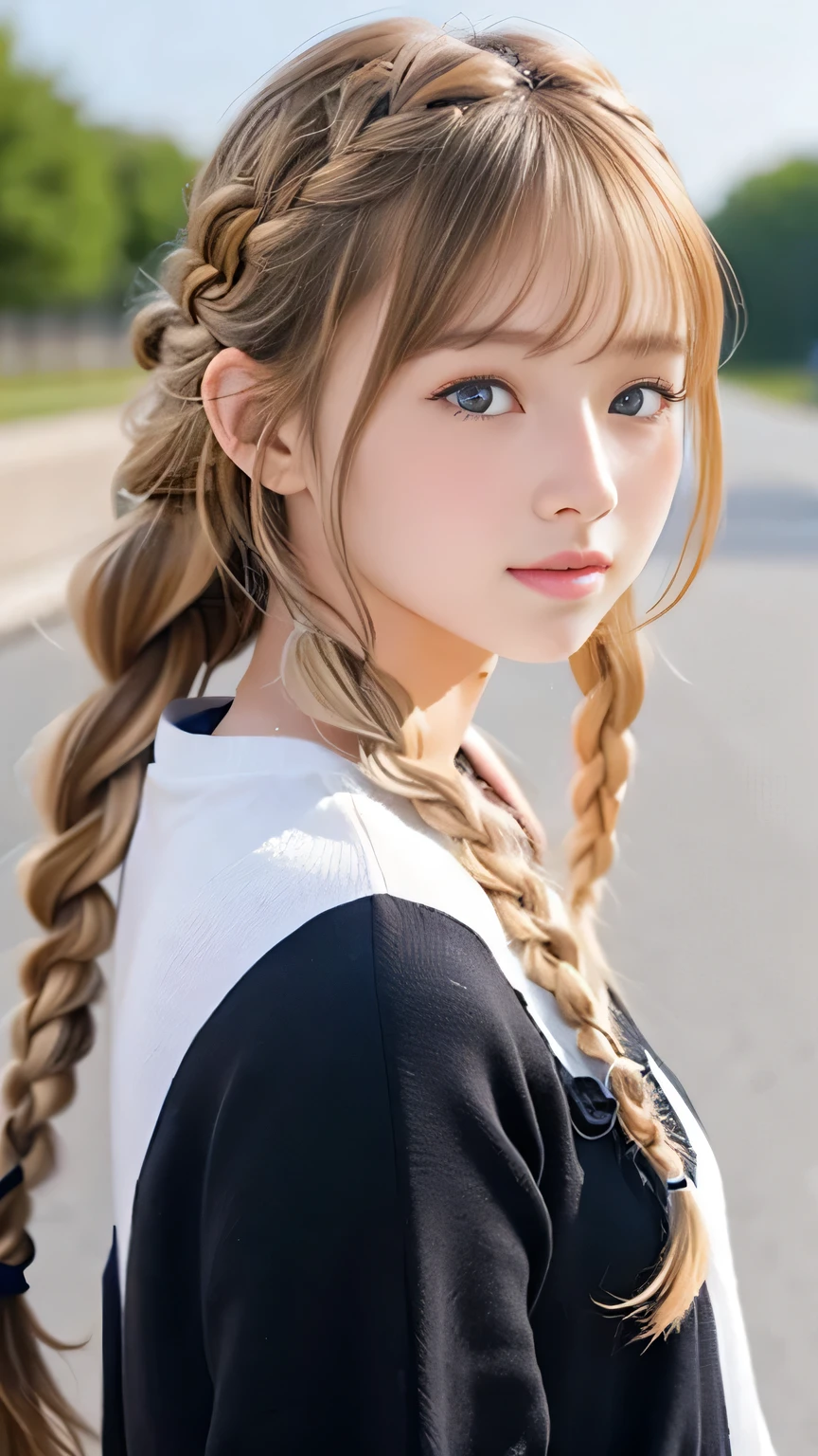 Sexy Big 、Sexy cute looks and cute 15 year old beautiful girl, beautiful and sexy face、A strong wind blows my hair in front of my face、beautiful long blonde French braided hair、beautiful, Cute and sexy eyes hidden behind long bangs