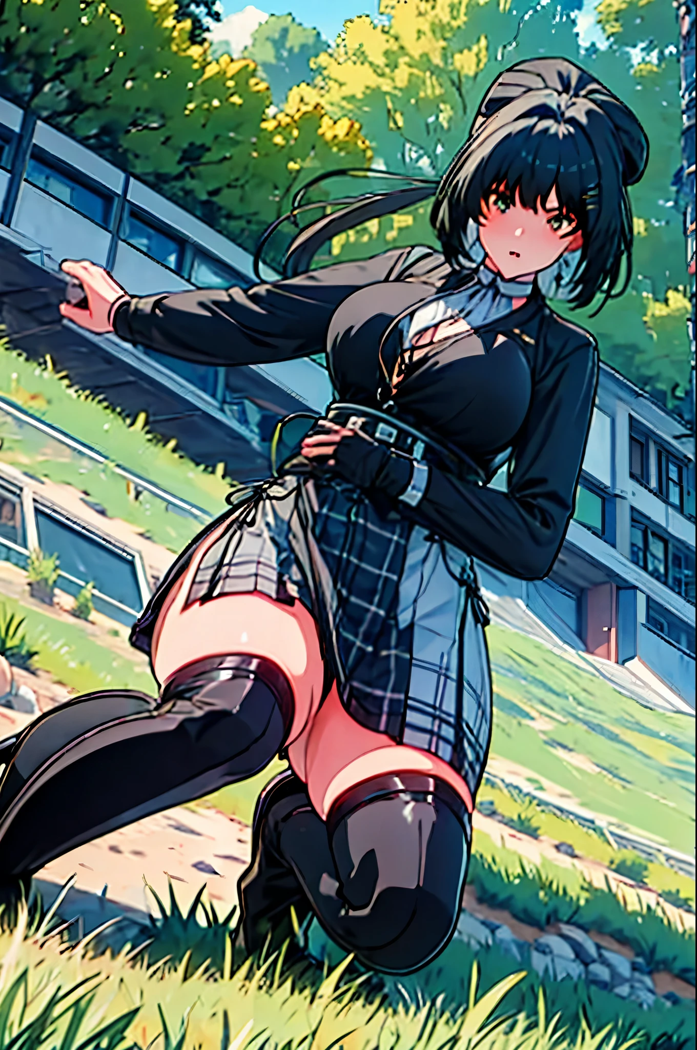 furius girl with a huge curvy body, with long hair, wearing plaid skirt and high black leather heels boots, woman trample grass, viewed from below