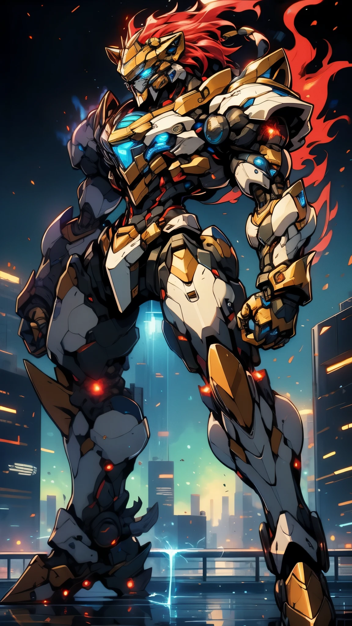 Humanoid Mecha, fully enclosed shoulder guards, matching arm and leg guards, full body, full armor, super robot, the design balances heavy with agility, (the color scheme is primarily white with red and blue accents, the concept Inspired by super robot, Lion concept chest armor, pose, standing, floating high above the futuristic sci-fi city), exquisite and mature art style, (aura effect, energy, glowing eyes, the armor glows), ((SRS)), metallic, dramatic, high definition, best quality, highres, ultra-detailed, ultra-fine painting, extremely delicate, professional, perfect body proportions, anatomically correct, symmetrical face, extremely detailed eyes and face, high quality eyes, creativity, RAW photo, UHD, 32k, Natural light, cinematic lighting, masterpiece-anatomy-perfect, masterpiece:1.5