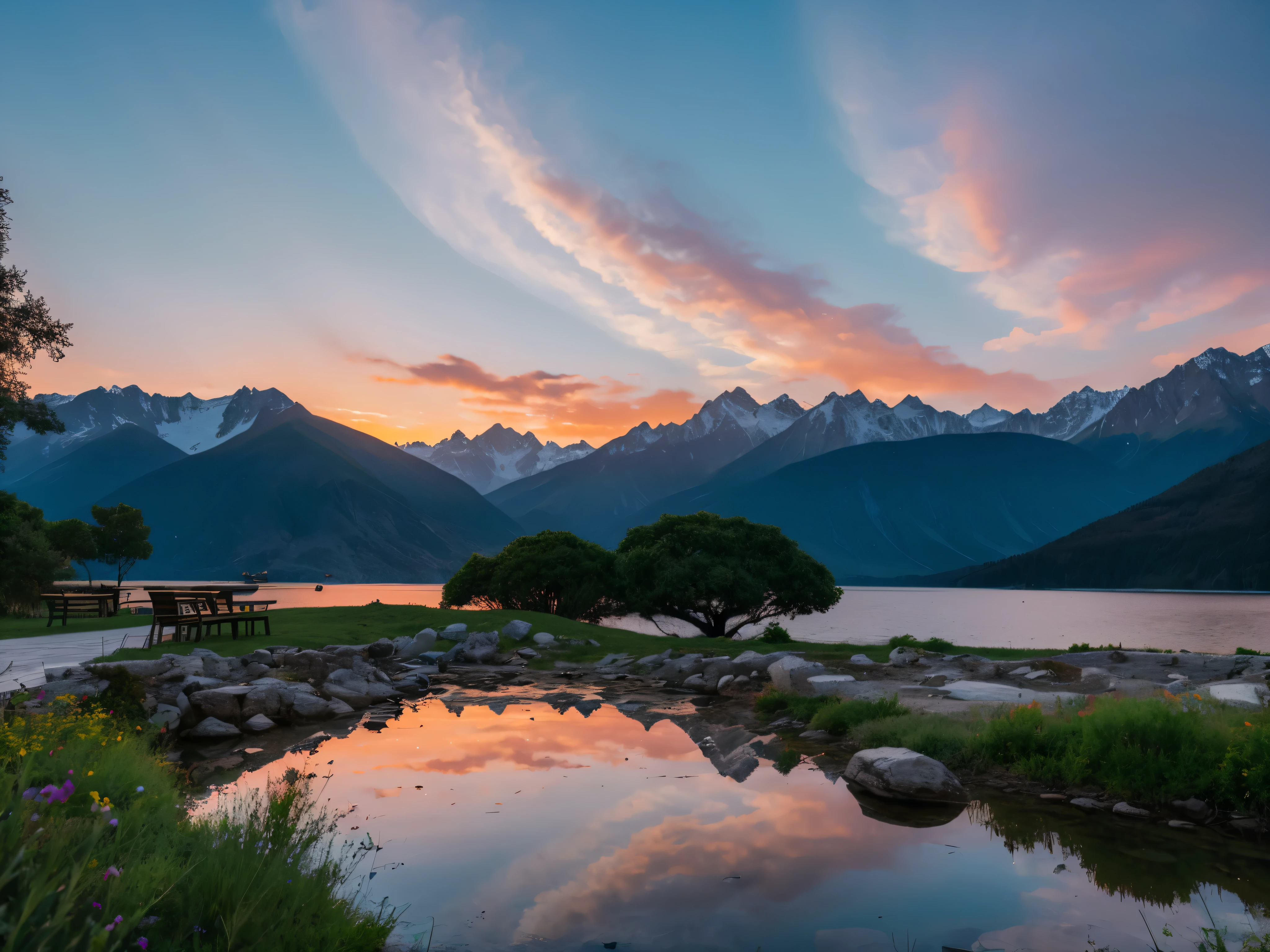 A view of a sunset over a lake and mountains