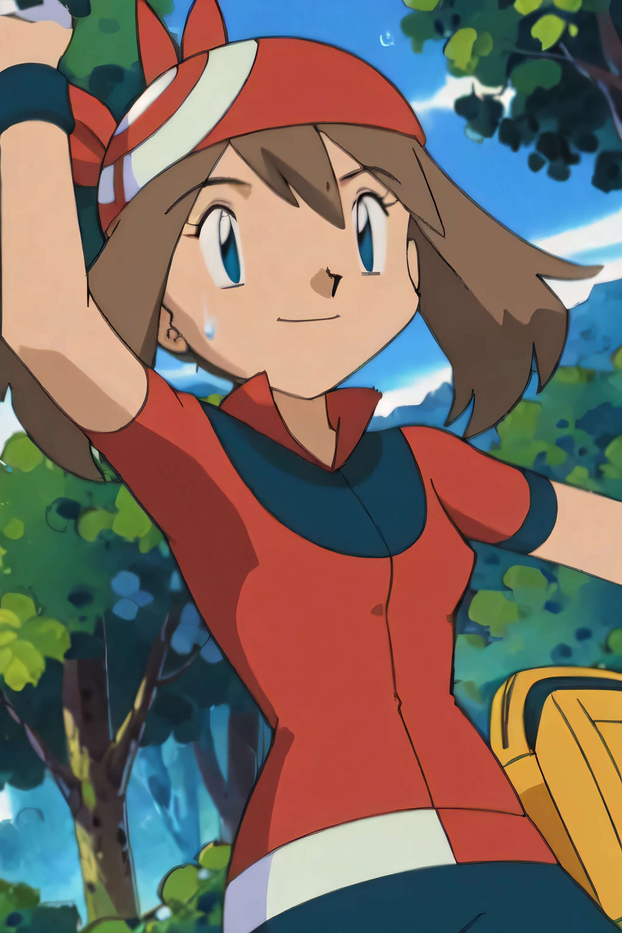 May, sleeveless,red top,sweating,smiling,forest in background, village, blue sky,moderately sized breasts, high quality, masterpiece mature appearance,armpits,sweat,sweaty,sweaty armpits,arms up,showing armpits,awesome armpits,outfit,blackish red arm warmers,maroon arm bands, maroon arm warmers,both arms raised