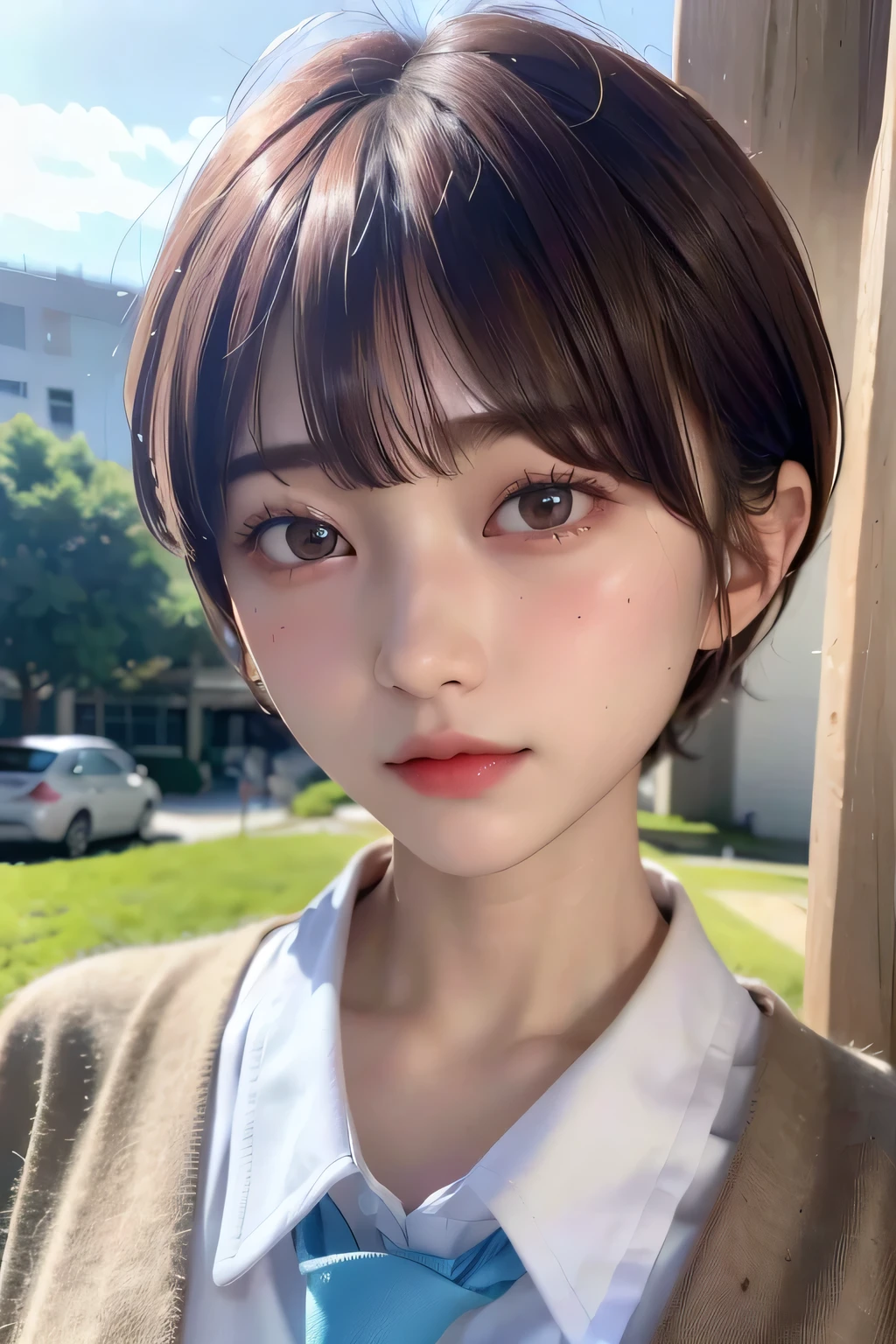 (highest quality:1.3)、(Masterpiece:1.4)、Raw photo、8K、((Best image quality))、 ((High resolution))、Beautiful face in every detail、Realistic human skin、Gentle expression、(One Woman:1.3)、Realistic、Photorealistic、short hair、(Beautiful woman)、((Cool Japan girl))、(boyish:1.3)、mannish、((Beautiful woman))、(Beautiful Hair)、((Dark brown hair))、(Blushing:1.5)、(Fashion Model:1.4)、((Her eyes are big))、25 year old beauty、(Small face)、Small Head、((Long neck))、High school girls、uniform、Japanese high 、High school girlsのuniform、White button-up shirt、tie、(The aspirations of young people)、((The center of attention in school))、everyone will love her、