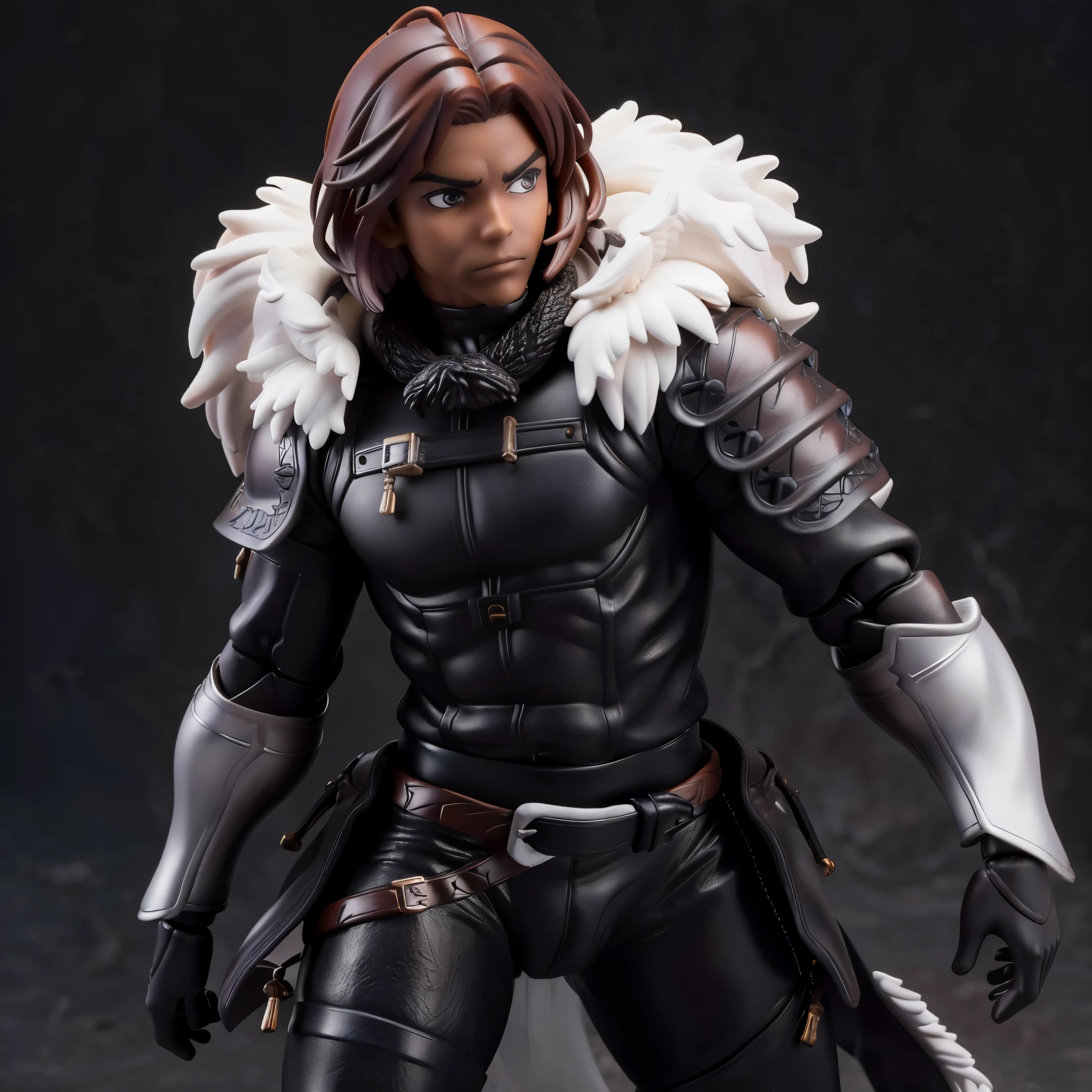 renaissance style, perfect composition, ((Extremely realistic)) ((Extremely detailed)) ((anatomically correct)) full body (((vinyl toy action figure style))) portrait of a ((indigenous dark skin)) young 23-year-old man fighter with ((thin lips)) in (((dynamic action pose))), (((medium-length disheveled bob auburn hair))), wearing (((leather brigandine armor with white fur mantle))) (((Black pants))) (Leather utility belt), black background, greg rutkowski, Robert Oxley, concept art, vfx, intricate, 8k resolution, hyperrealistic, full body shot, complex, textured, trending on /r/art, octane render, fantasy, medieval, very beautiful, hard lighting, epic, powerful, rule of thirds, -ar 16:9, -stylize 60000, -quality 5, high detail, chiaroscuro, atmospheric perspective, UHD, anatomically correct, 8k,awe_toys,ActionFigureQuiron style,xyzcc