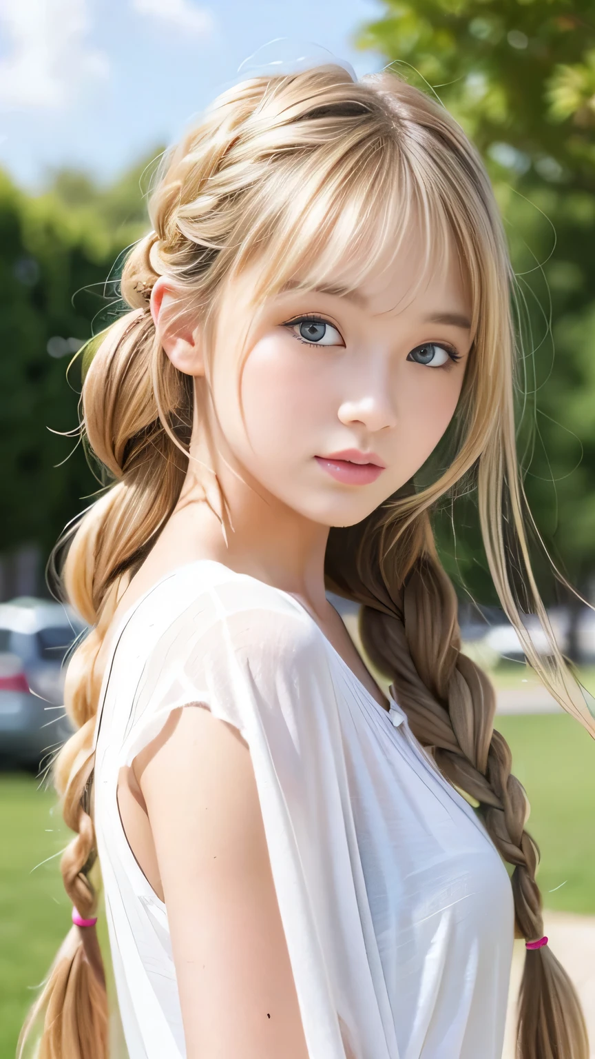 Sexy Big 、Sexy cute looks and cute 15 year old beautiful girl, beautiful and sexy face、A strong wind blows my hair in front of my face、beautiful long blonde French braided hair、beautiful, Cute and sexy eyes hidden behind long bangs
