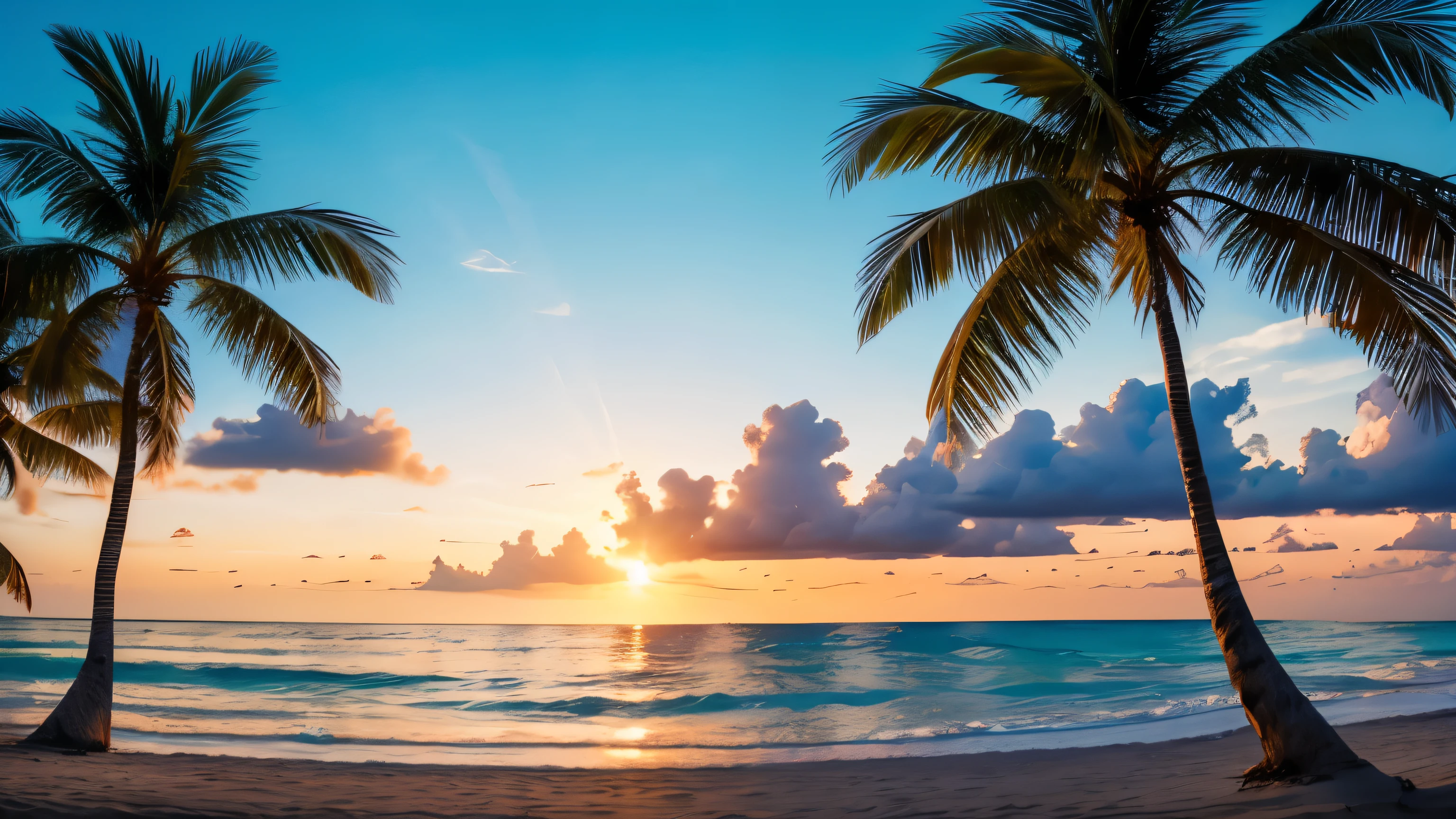 genera un banner en una playa tropical con el atardecer