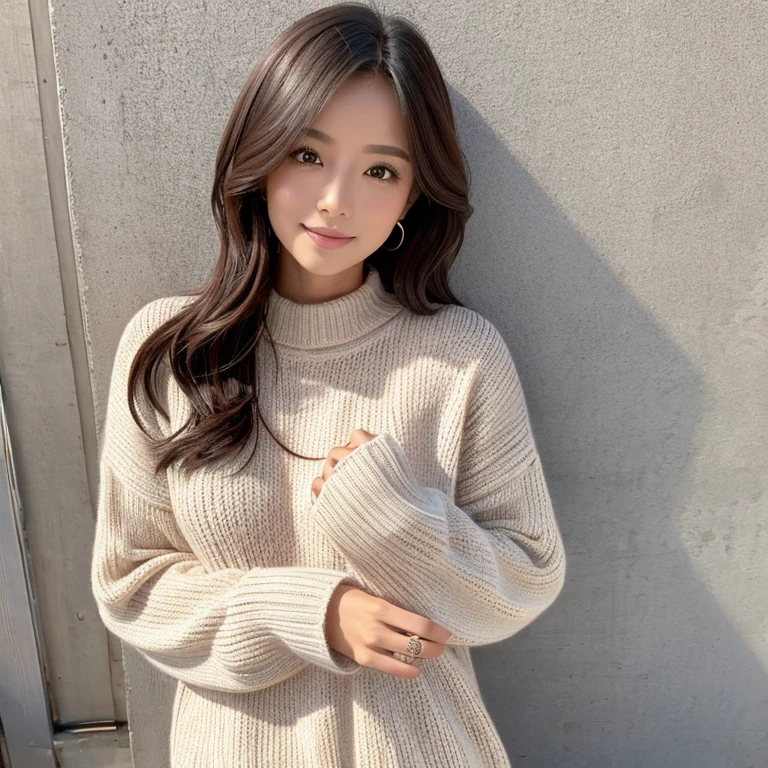 There is a woman taking a picture of herself in the mirror、entrance of the house、Light shining from above、cool girl、wearing a hat、Take a picture of the whole body、body is turned to the side、Instagram stories、wearing warm clothes、