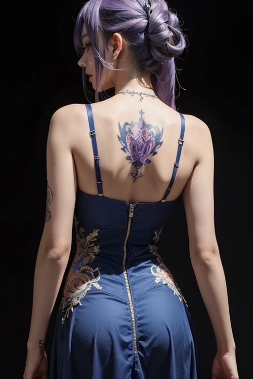 Long.elegant blue dress see through, turned around, straps on back, white and purple hair, detailed, tattoos on back, detailed tattoos on arms