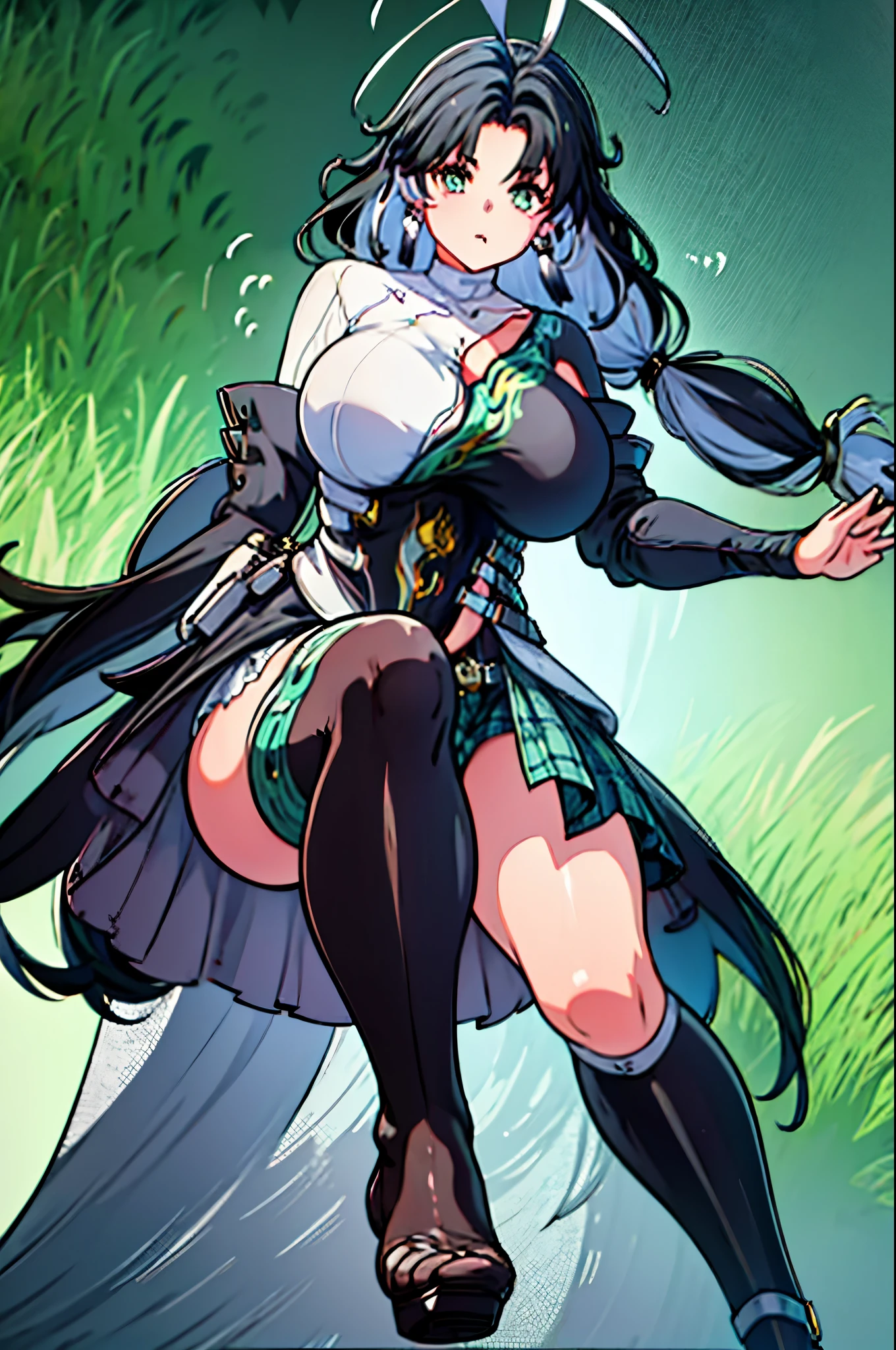 furius girl with a huge curvy body, with long hair, wearing plaid skirt and high black leather heels boots, woman trample grass, viewed from below