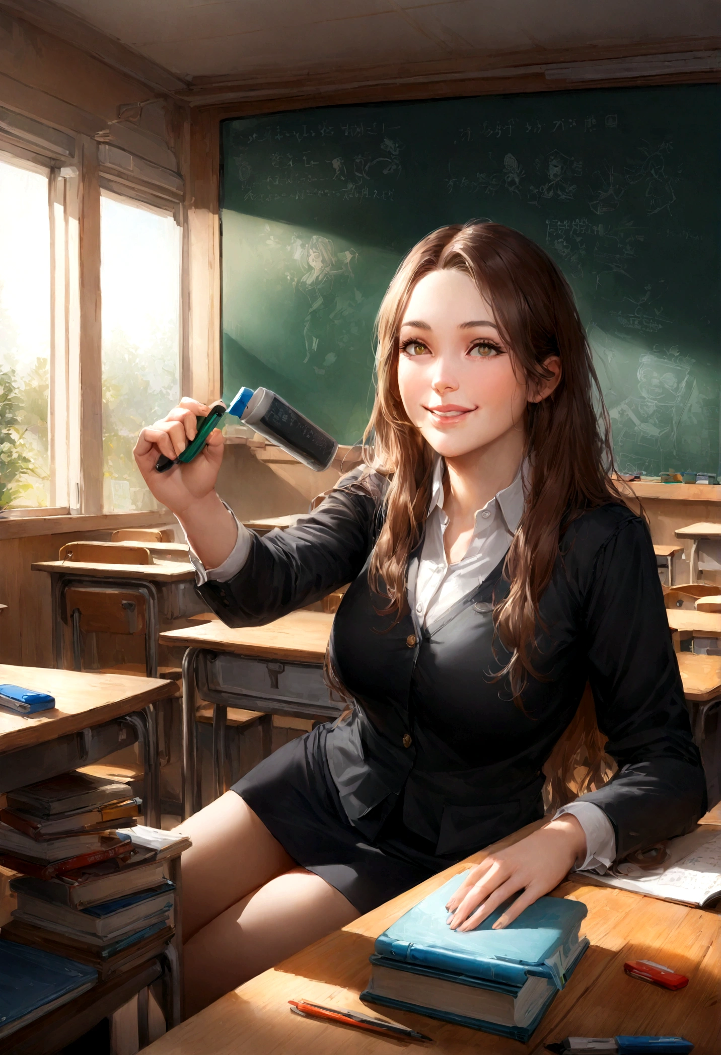 (highest quality,Super detailed,Realistic:1.37),1 girl, woman, teacher, wearing teacher uniform, mini skirt, Beautiful and delicate eyes and lips, smile, Professional,Portraiture,Digital Painting,Studio Lighting,Vibrant colors,Long Hair,School,educateal setting,teach,blackboard,classroom,School supplies,book,teach materials,blackboard eraser,write,lesson,Sitting,machine,student,learn,educate,Order,Enthusiastic,positive,Sunny room,Hilarious,happiness,moving,confidence,positive role model,teach career, School life,comminicate,woman empowerment,Give it power,Manifest yourself.