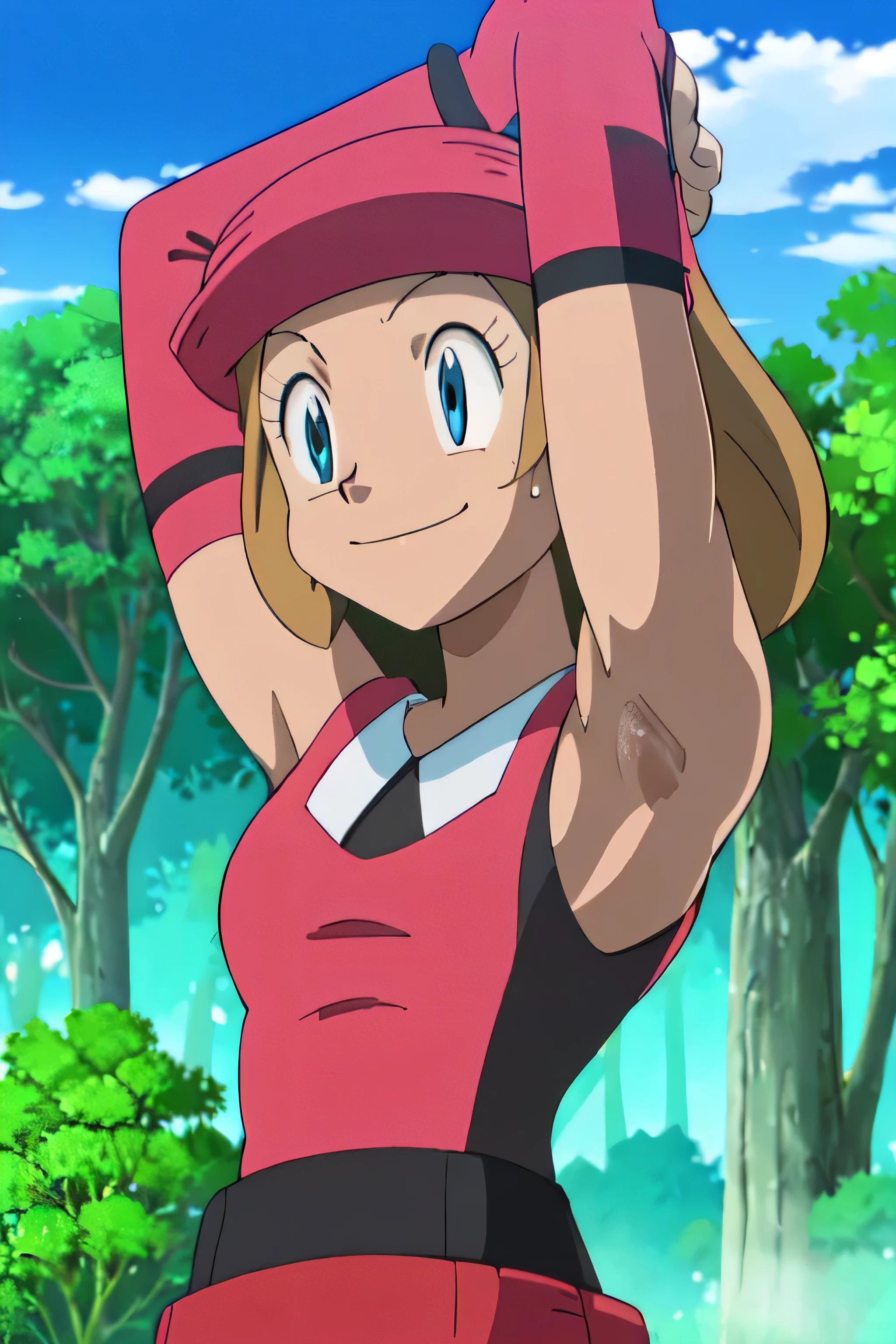 Serena, sleeveless top,sweating,smiling,forest in background, village, blue sky,moderately sized breasts, high quality, masterpiece mature appearance,armpits,sweat,sweaty,sweaty armpits,arms up,showing armpits,awesome armpits,outfit,blackish red arm warmers,maroon arm bands, maroon arm warmers,
