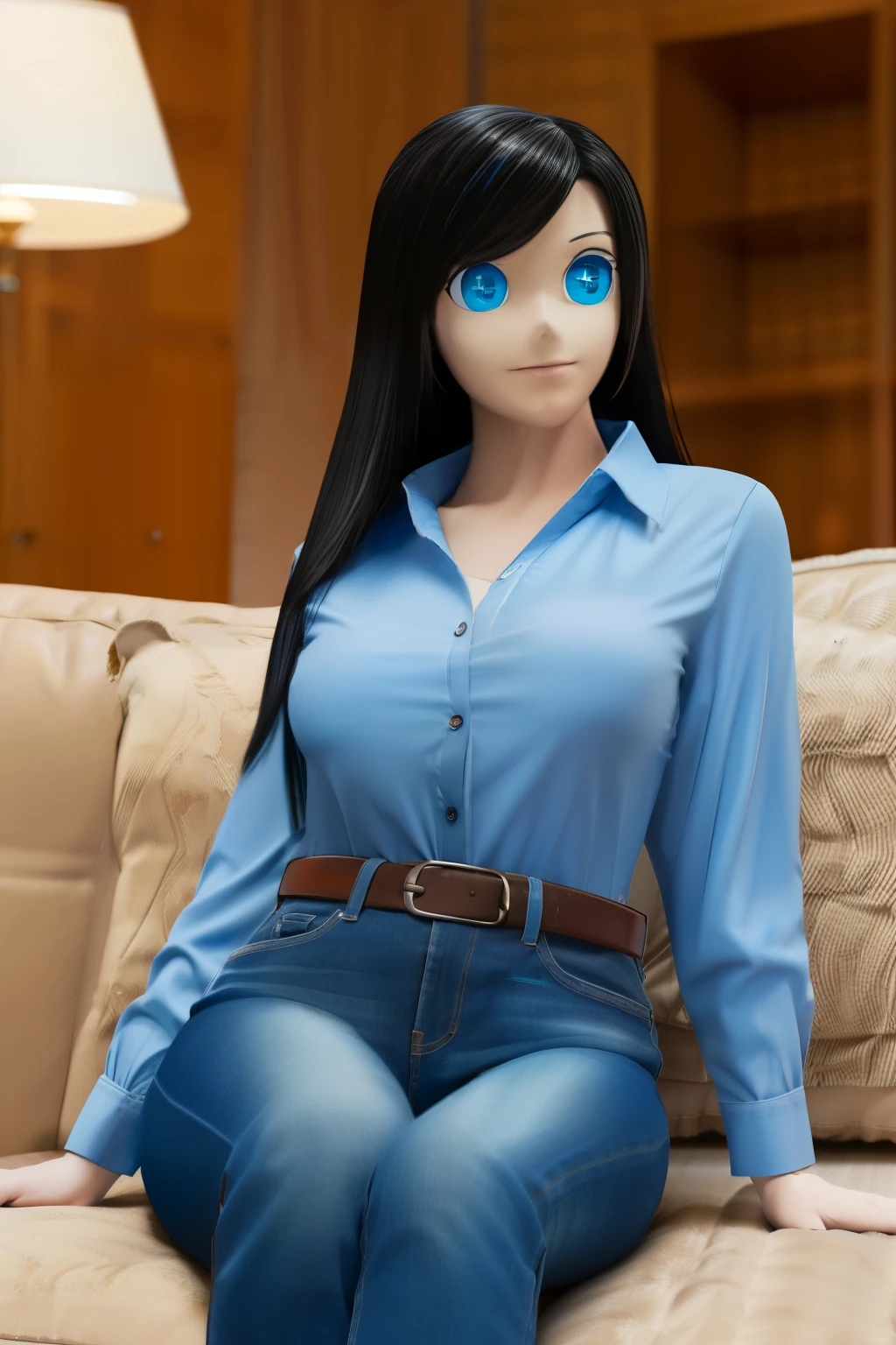 animatronic housewife, black hair, blue eyes, blue shirt, jeans, glowing eyes, on the couch