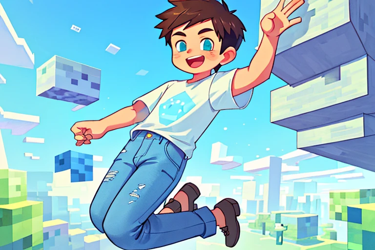 High resolution,high quality,Perfect body,Perfect Face,Perfect Fingers,1boy,solo,short hair,Light blue T-shirt,Denim trousers,Minecraft World,Jumping for joy