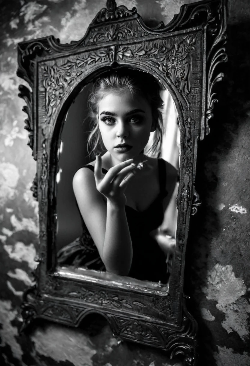 Photo d’une jolie fille de 20 ans très hautaine et de son reflet méchant dans un miroir, elle pose de profil à côté d’un grand miroir où se reflète son reflet de Wicked girl, son reflet dans le miroir, angle dynamique, fille hautaine, Wicked girl, deux visages 