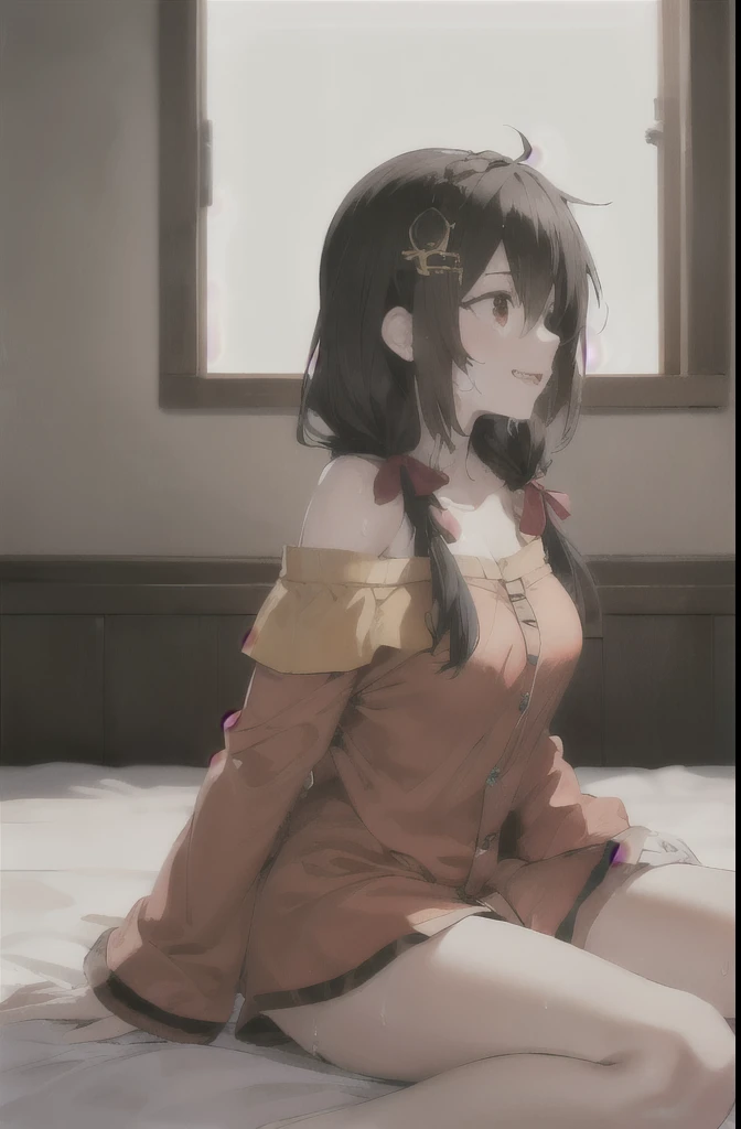 masterpiece,highest quality,High resolution,Very detailed,yes,Long Hair,Braiding,Twin tails,Hair between the eyes,Hair Ribbon,hair ornaments,slightly larger breasts,(Yellow off-the-shoulder pajamas with white sleeves:1.2),bed,The best smile,Pink Pants,No pants,Sweat,Wet,Red Eyes.Side view、Open your mouth a little