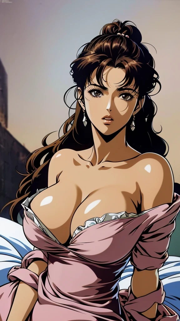 NFSW (masterpiece, best quality:1.2), 1girl, solo, anime painting of a woman in a white dress sitting on a bed, by Masamune Shirow, seductive anime girl, manara, style of masamune shirow, anime poster film still portrait, by amano, anime ninja scroll, anime 90s, yoshitaka amano photorealistic, kentaro miura art, inspired by Masamune Shirow, A stunning anime-style woman with voluminous, wavy dark brown hair styled in an elegant updo. She has large, expressive eyes and is wearing long, dangling earrings. Her outfit consists of an off-shoulder, Victorian-style dress with a fitted bodice and puffy sleeves in shades of pink and lavender. her breasts are very large and saggy, her breasts are out over the top of the outfit, breasts and nipples exposed, seductive pose, The background is a solid black, emphasizing the character's features and outfit. The overall mood is captivating and sophisticated