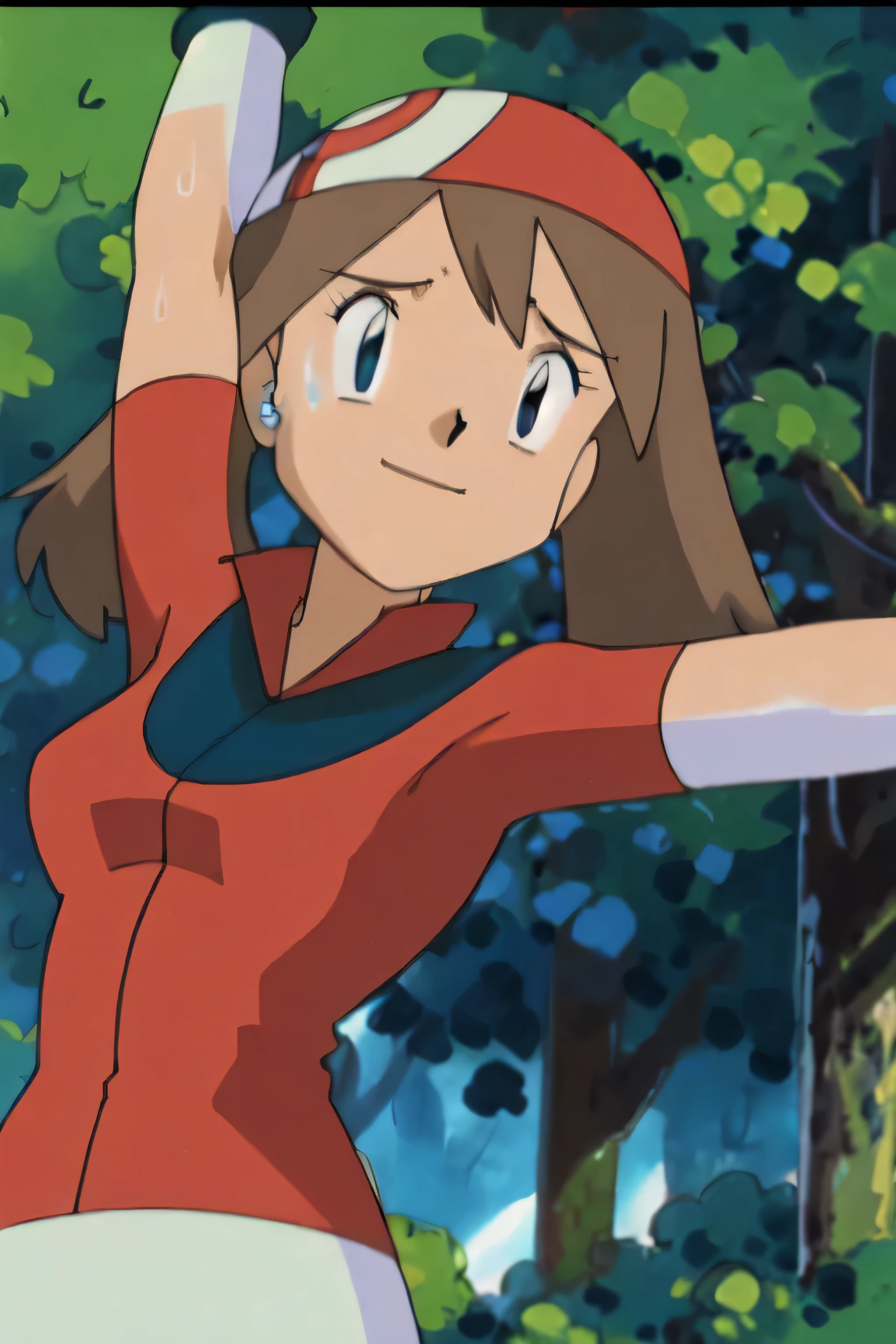 May, sleeveless,red top,sweating,smiling,forest in background, village, blue sky,moderately sized breasts, high quality, masterpiece mature appearance,armpits,sweat,sweaty,sweaty armpits,arms up,showing armpits,awesome armpits,outfit,blackish red arm warmers,maroon arm bands, maroon arm warmers,both arms raised