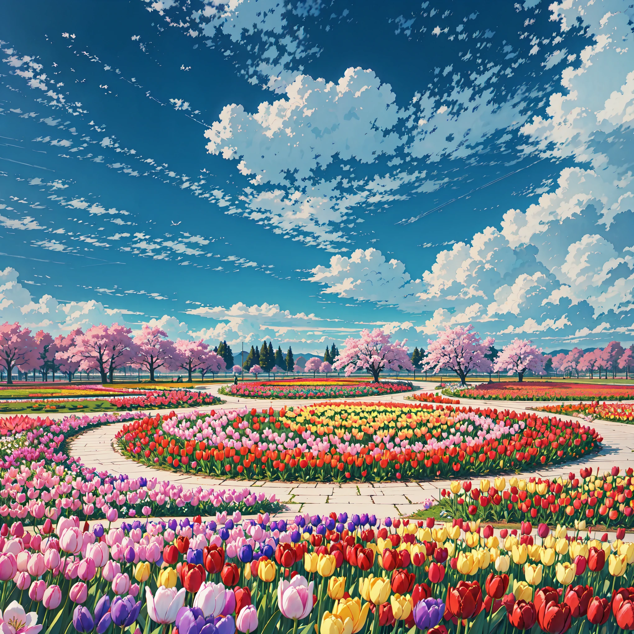 (Photorealistic)、 An elaborate botanical garden:1.5，highest quality, masterpiece l(1.4), (Vibrant and colorful tulip flower fields,),Gentle brick tile walkway,Endless tulip fields,Sky blue sky,Clouds go,A wealth of colours and textures. (Colorful tulips,), Cherry blossom trees in the distance,This garden is a treat for the eyes. The AI platform renders this scene in a whimsical, dreamlike style.。, With soft brushstrokes and pastel colors.