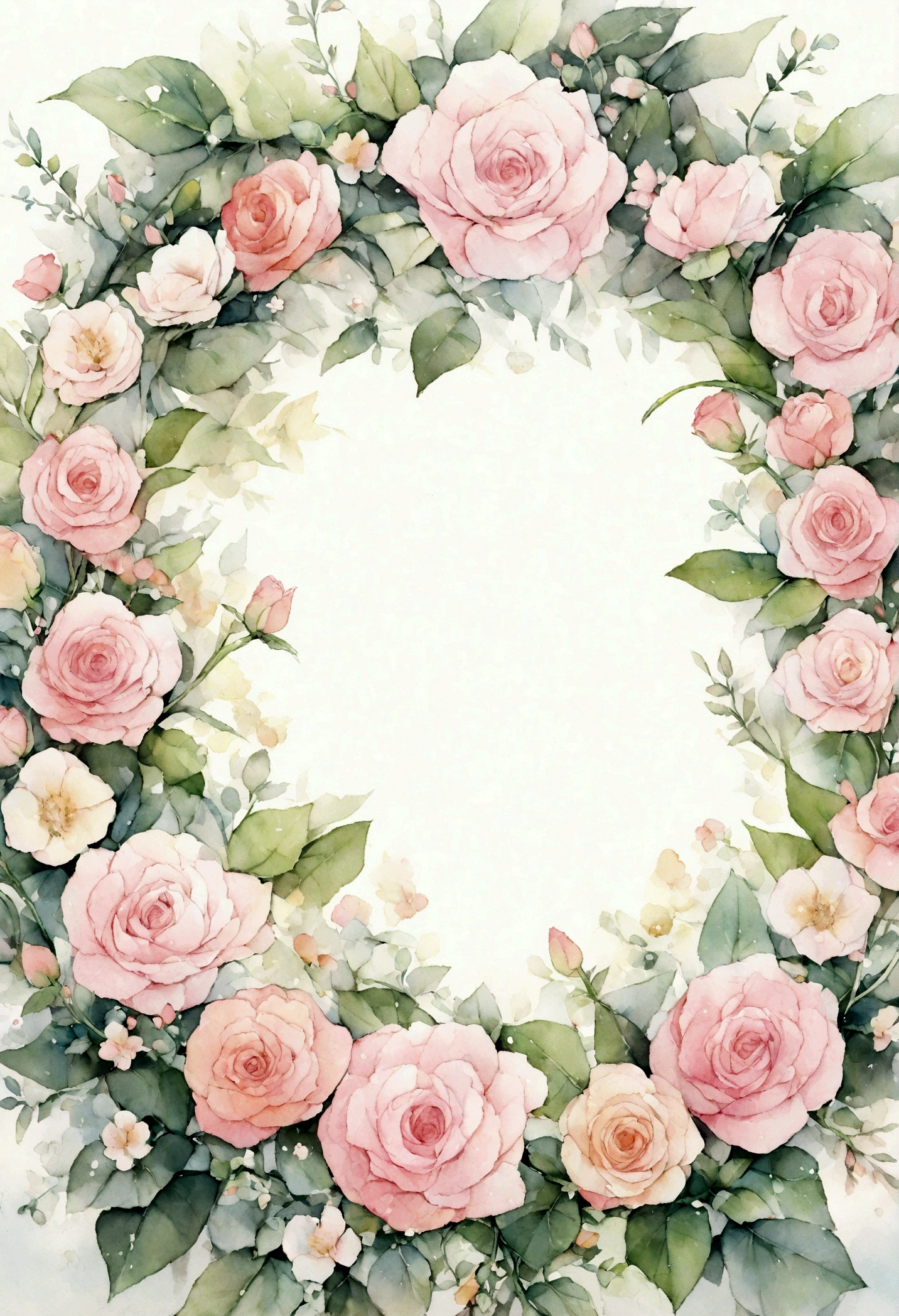 "Round wreath, Flower frame, Delicate watercolor flowers,Rose,Pink and bright rose color, Charming illustrations."
