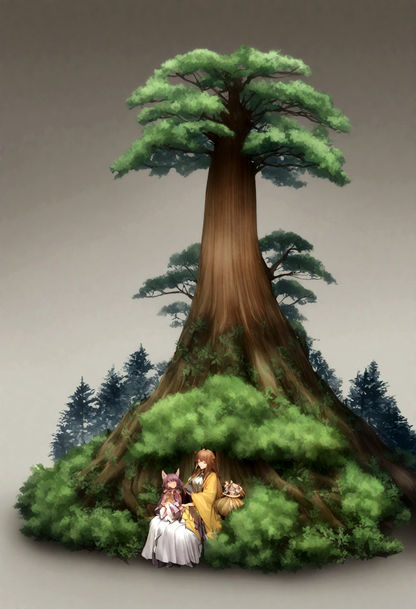 (2girls: 1.6), (height difference: 1.5), (size difference: 1.4), (giantess:1.1), a giantess looking down at a tiny woman, a giantess towering over a tiny woman, a tiny woman in the legs of a giantess, (brown skinned: 1.1), cute fantasy fancy robe, (fluffy ears), (short hair with long bangs), (catgirl), (messy hair), (very tall and mature: 1.2), (forest jungle: 1.1), sitting big thighs, tiny woman sitting a giantess lap