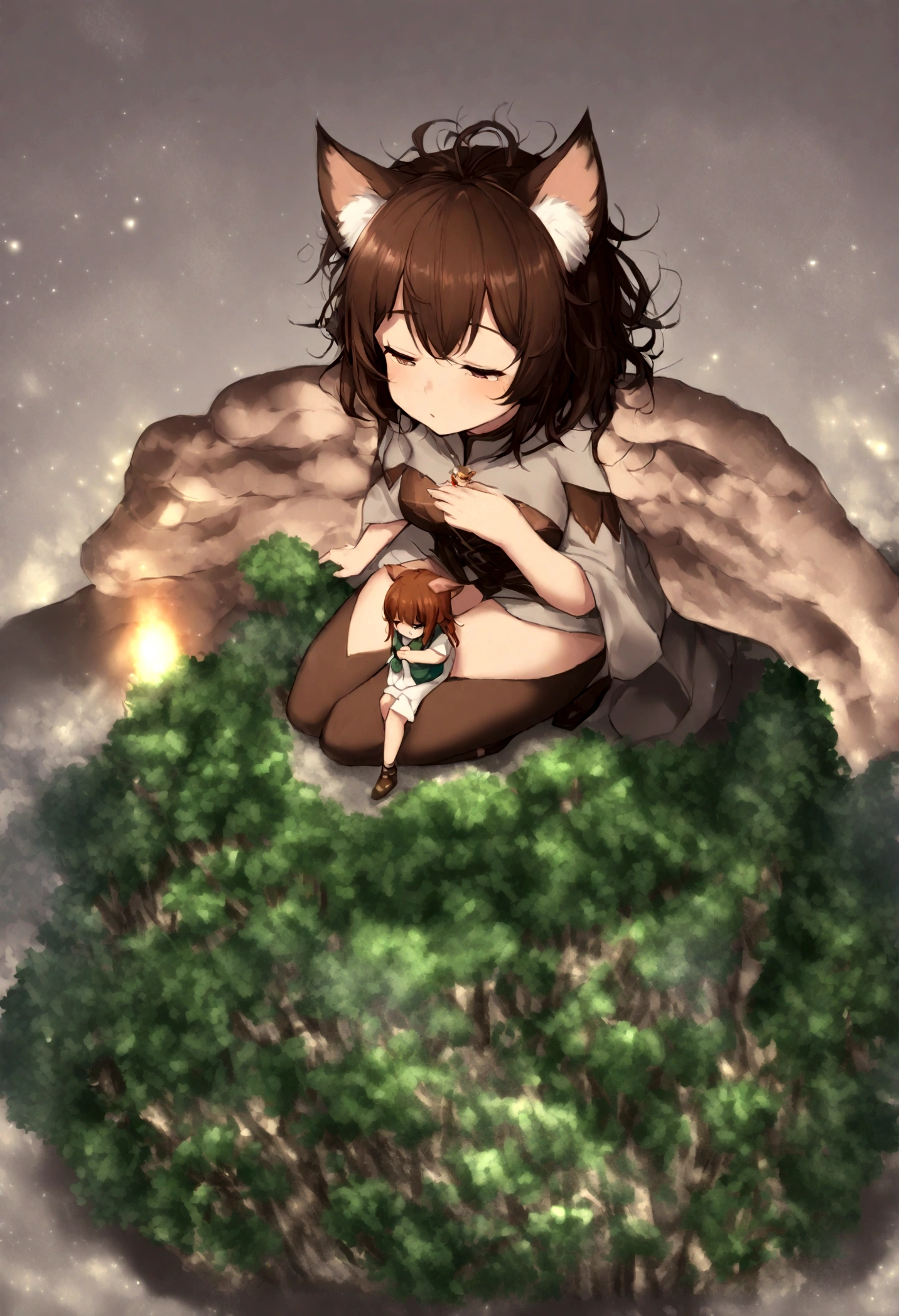 (2girls: 1.6), (height difference: 1.5), (size difference: 1.4), (giantess:1.1), a giantess looking down at a tiny woman, a giantess towering over a tiny woman, a tiny woman in the legs of a giantess, (brown skinned: 1.1), cute fantasy fancy robe, (fluffy ears), (short hair with long bangs), (catgirl), (messy hair), (very tall and mature: 1.2), (forest jungle: 1.1), sitting big thighs, tiny woman sitting a giantess lap