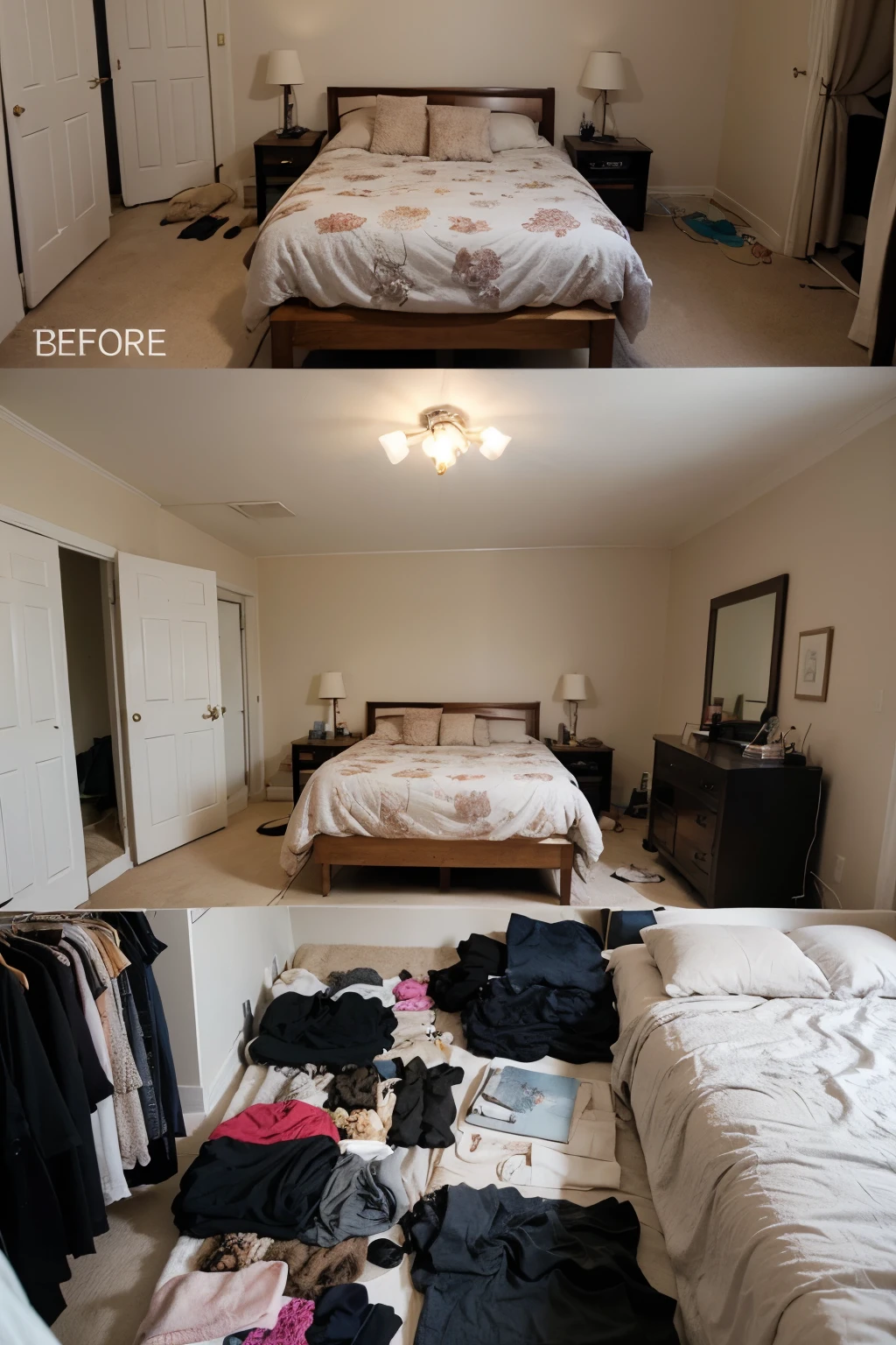 Take a before and after photo in a room where there are clothes in a messy bed and then organized on the same bed