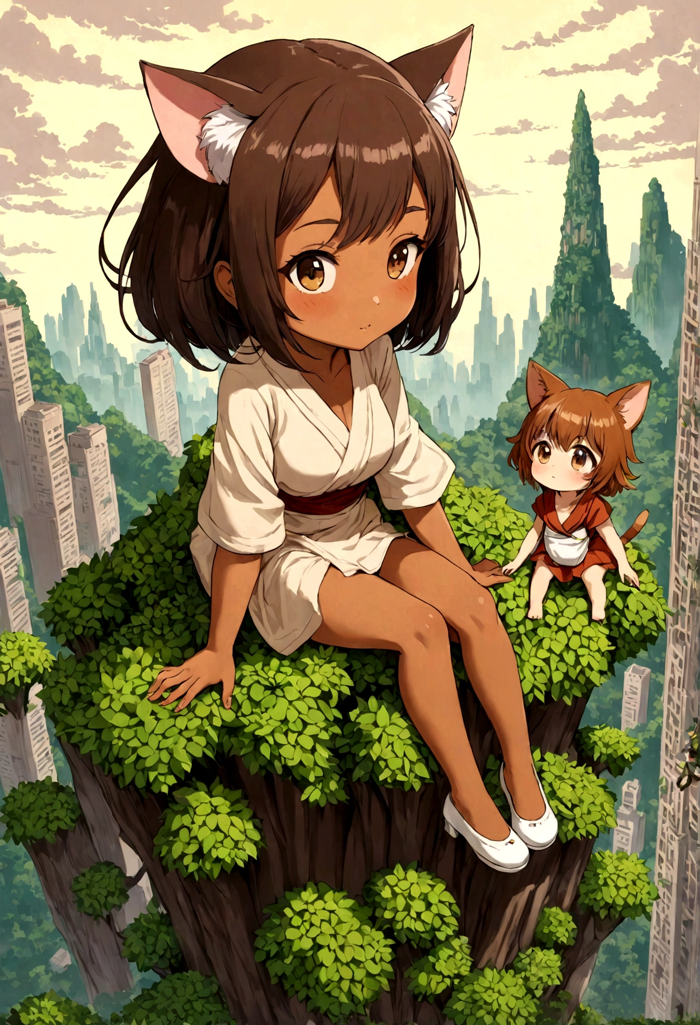 (2girls: 1.6), (height difference: 1.5), (size difference: 1.4), (giantess:1.1), a giantess looking down at a tiny woman, a giantess towering over a tiny woman, a tiny woman in the legs of a giantess, (brown skinned: 1.1), cute fantasy fancy robe, (fluffy ears), (short hair with long bangs), (catgirl), (messy hair), (very tall and mature: 1.2), (forest jungle: 1.1), sitting big thighs, tiny woman sitting a giantess lap