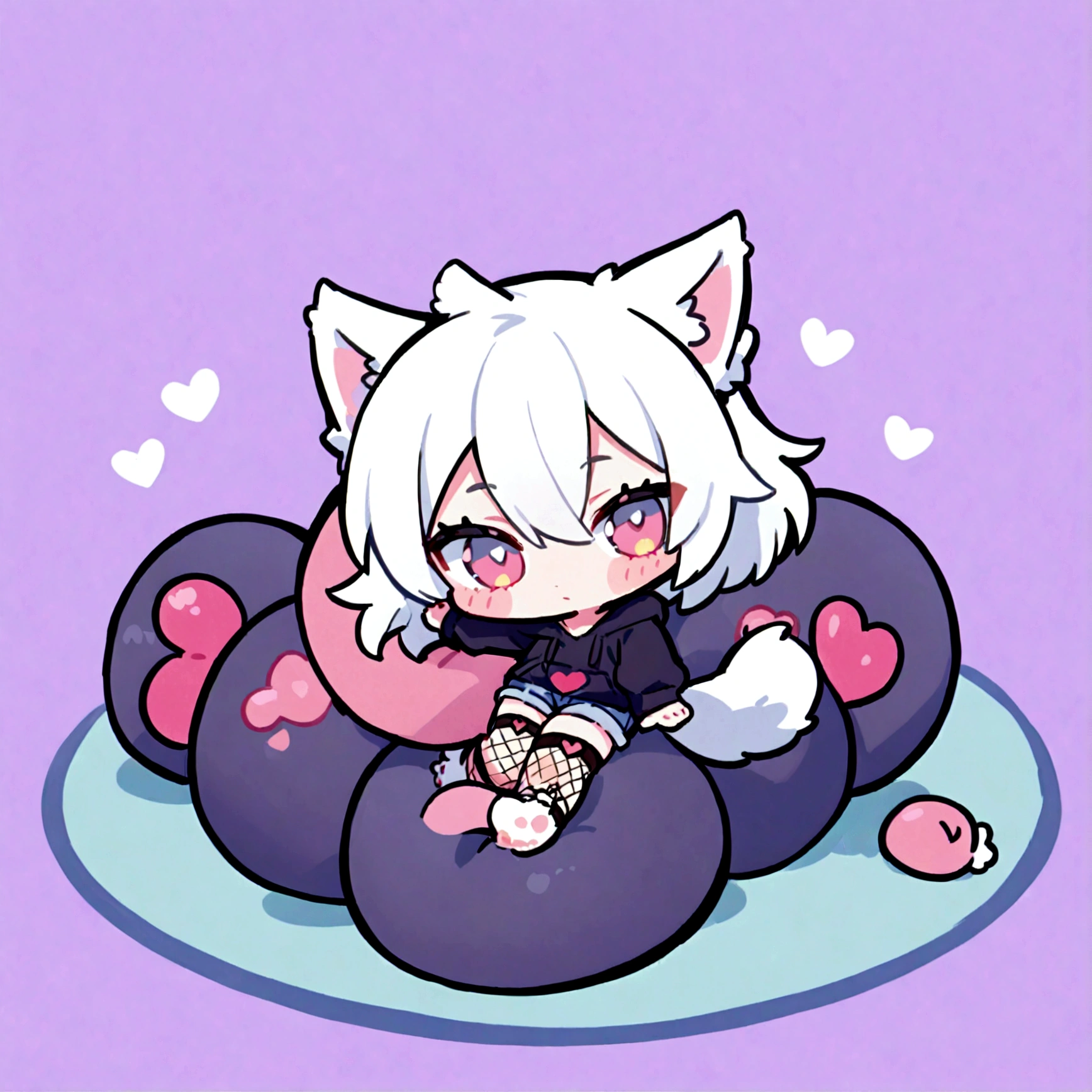a cute chibi style adult male with wolf ears, white hair, has a wolf tail, wearing a loose cropped oversized black hoodie, wearing a pair of denim short shorts and fishnet stockings, thick thighs, wide hips, relaxing on mound of fluffy animal plushies, short, very slim, showing slender tummy, stretching out, heart on hoodie, squishy thighs