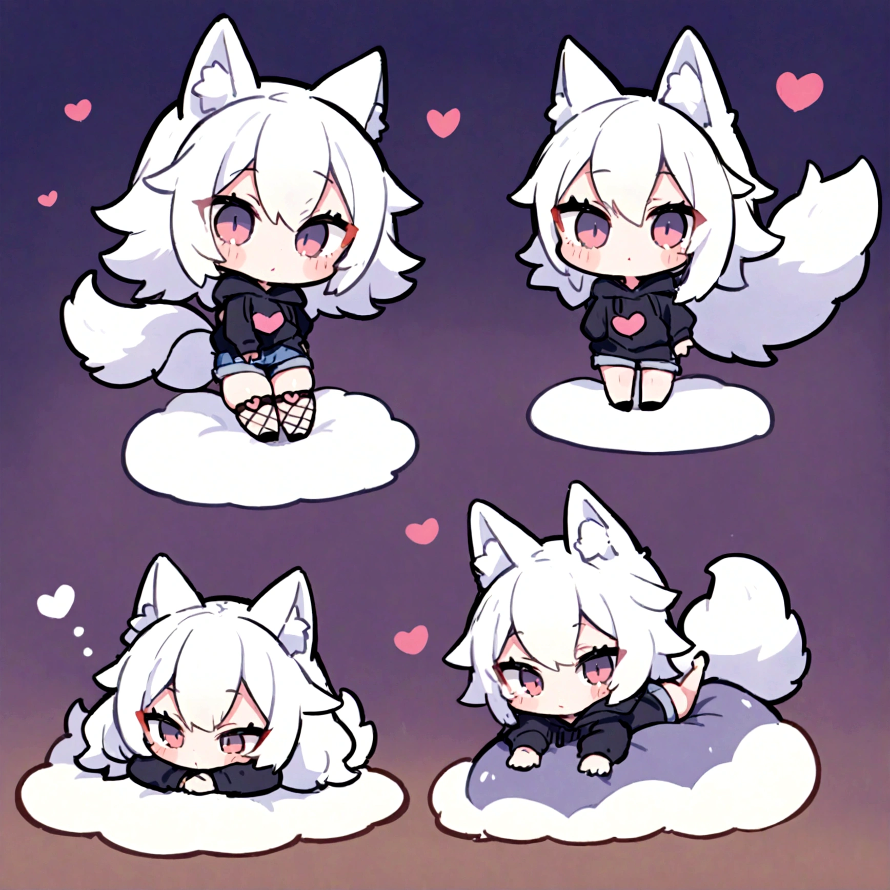 a cute chibi style adult male with wolf ears, white hair, has a wolf tail, wearing a loose cropped oversized black hoodie, wearing a pair of denim short shorts and fishnet stockings, thick thighs, wide hips, relaxing on mound of fluffy animal plushies, short, very slim, showing slender tummy, stretching out, heart on hoodie, squishy thighs
