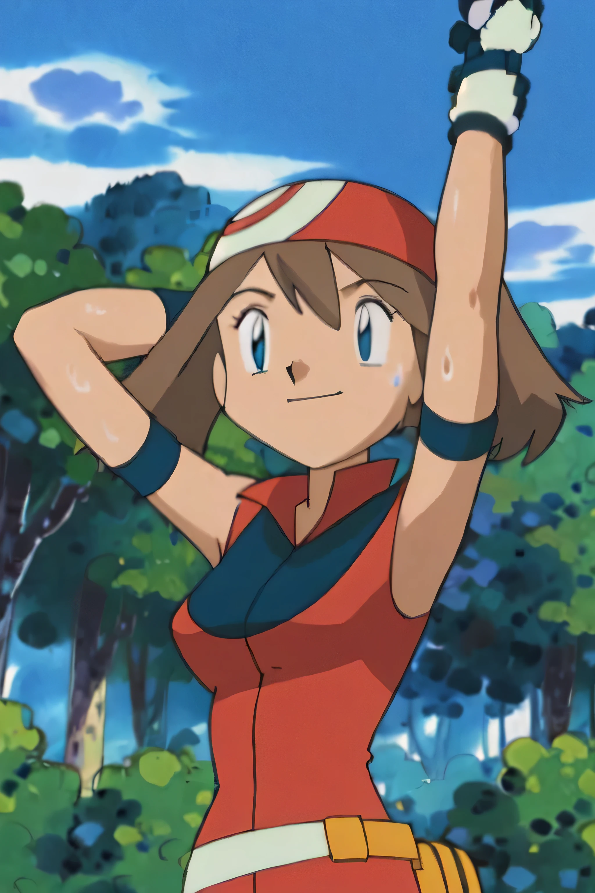 May, sleeveless,red top,sweating,smiling,forest in background, village, blue sky,moderately sized breasts, high quality, masterpiece mature appearance,armpits,sweat,sweaty,sweaty armpits,arms up,showing armpits,awesome armpits,outfit,blackish red arm warmers,maroon arm bands, maroon arm warmers,both arms raised