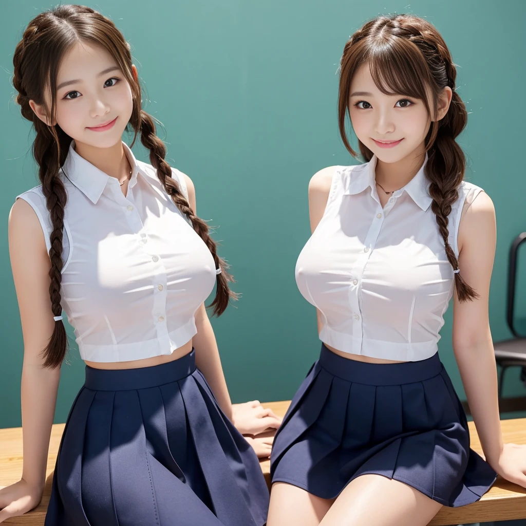 (Two )、Young face、(White buttoned and collared shirt)、(Very short micro skirt)、(Looking at me with a smile)、Female in her early teens、(Big Breasts)、ss shirt that accentuates the shape of the breasts)、classroom、Angle from below、(Nobody background)、Not wearing a bra、Flipping up a skirt、(Underboob)、(Exposing her belly)、(whole body)、Braid、(See-through)、Temptation Pose、(Cowboy Shot)