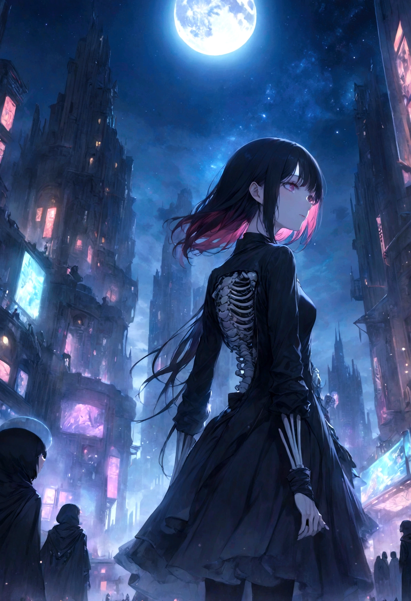 phonk, phonk, dark fantasy art, original, woman standing with her back turned, nightmare, city at night with full moon, festival where devils gather, DJ inspires everyone, skeleton, devil, at night, moon is big is, vampire, lunar city, moonwalker, metropolis movie ,Dracula,vampire,underworld,gives a sense of beauty and mystery,beautiful and aesthetic,anime, lofiart, anime picture, nightcore, anime art wallpaper 4k, anime art wallpaper 4 , beautiful fantasy anime, futuristic city, space and starry sky, girl looking at the sky, anime art wallpaper 4k, anime art wallpaper 8k, anime fantasy artwork, anime style 4k, ultra hd anime wallpaper,brightly colored screen