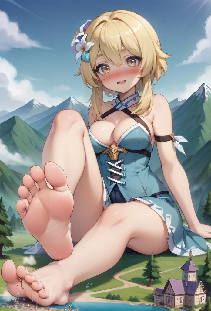 (tiny adventurers in mountains and hills in front of closeup breasts and face of a giantess: 1.5), closeup breasts and face, (from below view: 1.2), (big sized breasts) cleavage, (lumine, bangs, blonde hair, hair ornament, hair between eyes, yellow eyes, flower, hair flower, feather hair ornament,: 1.1), (medieval fantasy: 1.1), nipples, (fantasy outside: 1.1), (very low angle perspective: 1.2), (foot), barefoot, sitting on ground, sitting on mountain, (tiny army from sky view: 1.1), (tiny army from sky view in front of closeup foot of a giantess: 1.1), (closeup long big foot: 1.4), (anorexic and skinny and tall: 1.2), (stepping on, foot step : 1.1)